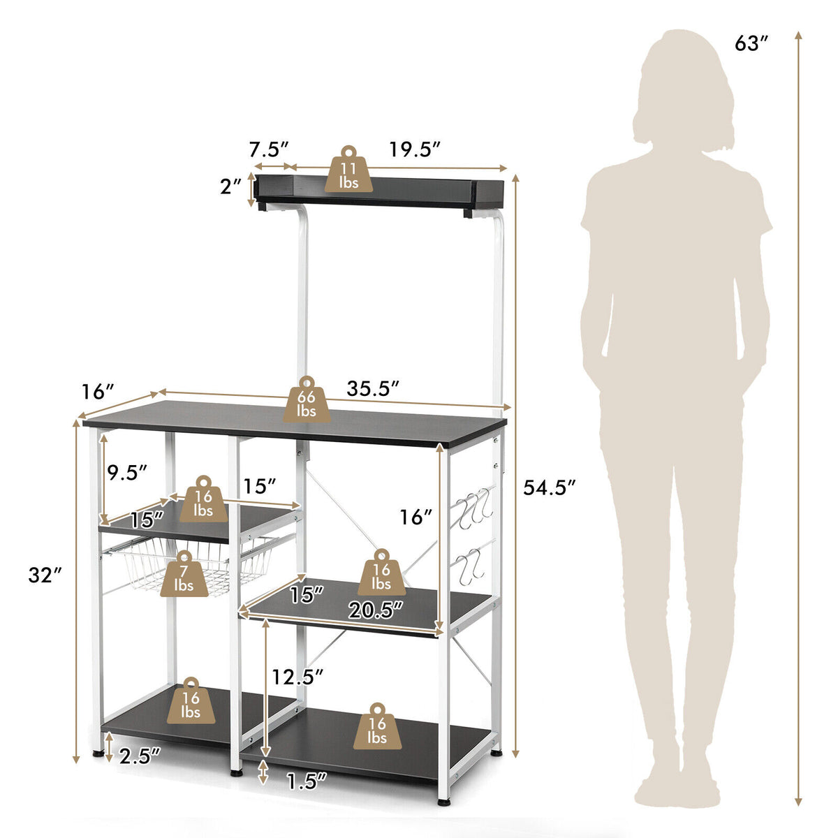 4-tier Kitchen Baker's Rack with Basket and 5 Hooks-Black-Baker’s Racks-DECOROLALA