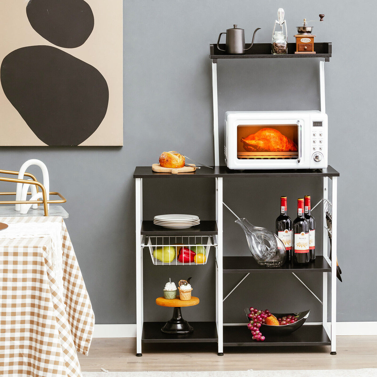 4-tier Kitchen Baker's Rack with Basket and 5 Hooks-Black-Baker’s Racks-DECOROLALA