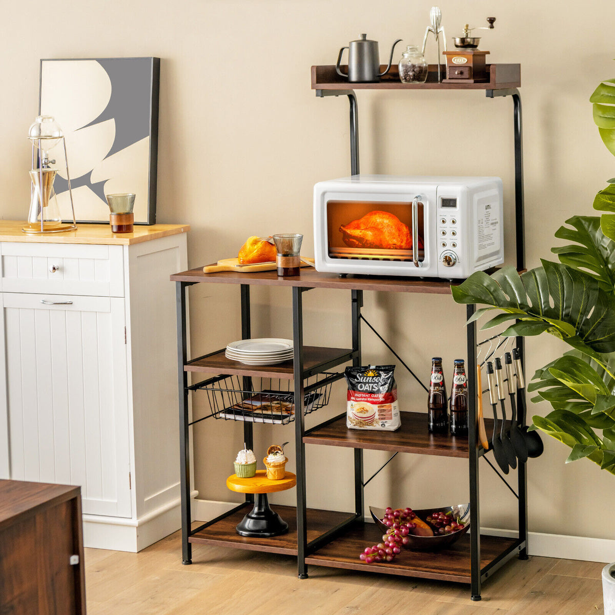 4-tier Kitchen Baker's Rack with Basket and 5 Hooks-Dark Brown-Baker’s Racks-DECOROLALA