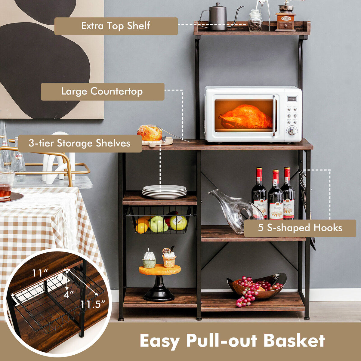 4-tier Kitchen Baker's Rack with Basket and 5 Hooks-Dark Brown-Baker’s Racks-DECOROLALA