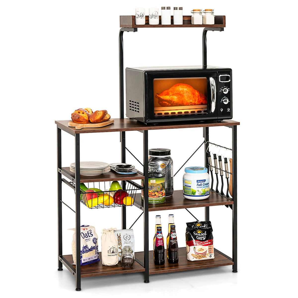 4-tier Kitchen Baker's Rack with Basket and 5 Hooks-Dark Brown-Baker’s Racks-DECOROLALA