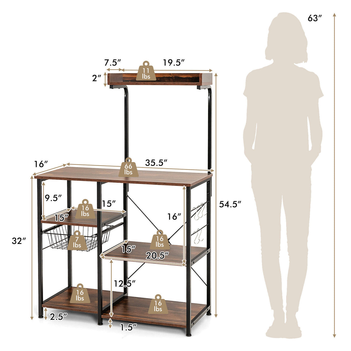 4-tier Kitchen Baker's Rack with Basket and 5 Hooks-Dark Brown-Baker’s Racks-DECOROLALA