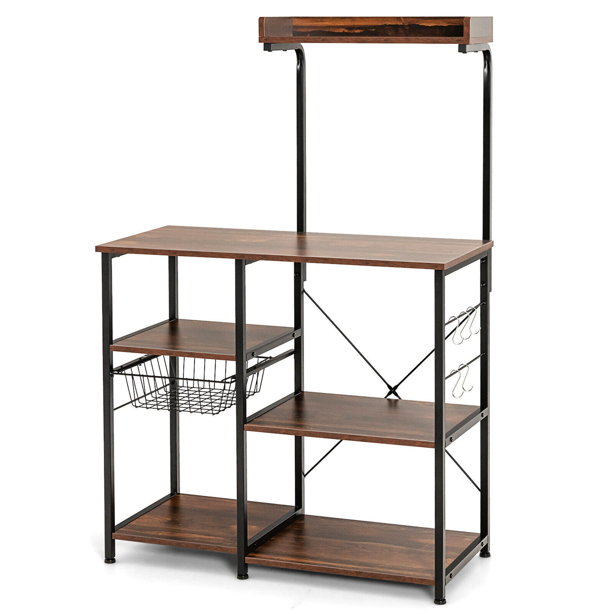 4-tier Kitchen Baker's Rack with Basket and 5 Hooks-Dark Brown-Baker’s Racks-DECOROLALA