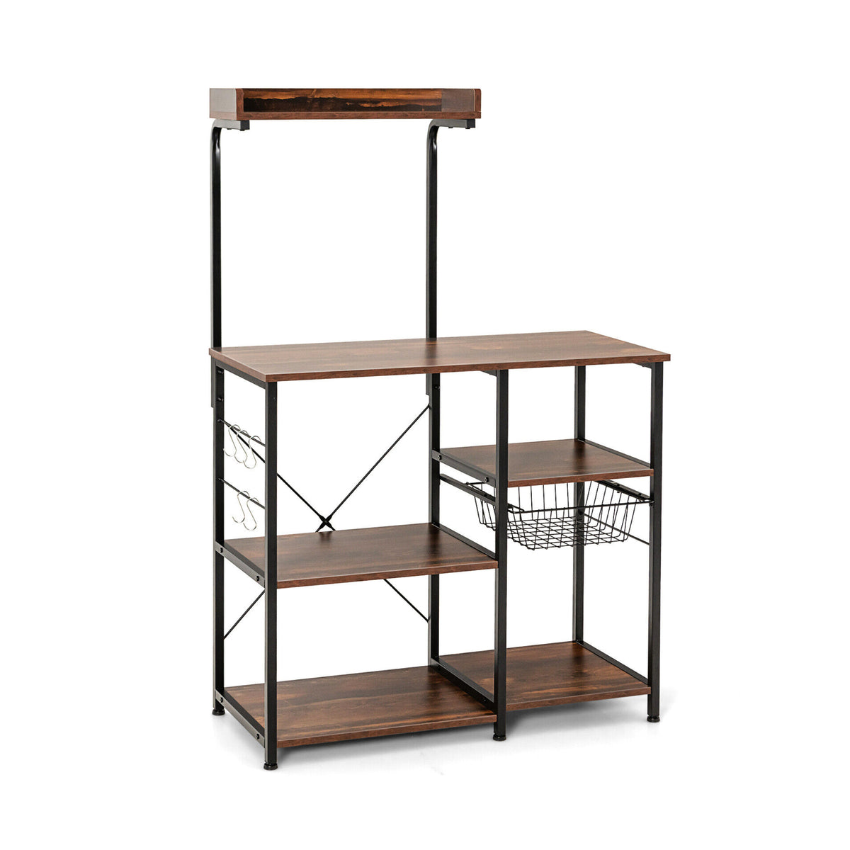 4-tier Kitchen Baker's Rack with Basket and 5 Hooks-Dark Brown-Baker’s Racks-DECOROLALA