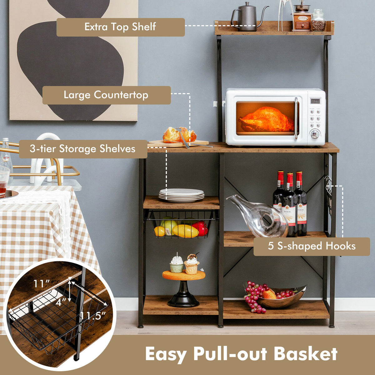 4-tier Kitchen Baker's Rack with Basket and 5 Hooks-Rustic Brown-Baker’s Racks-DECOROLALA