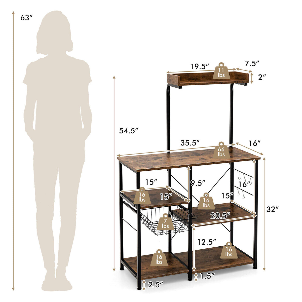 4-tier Kitchen Baker's Rack with Basket and 5 Hooks-Rustic Brown-Baker’s Racks-DECOROLALA