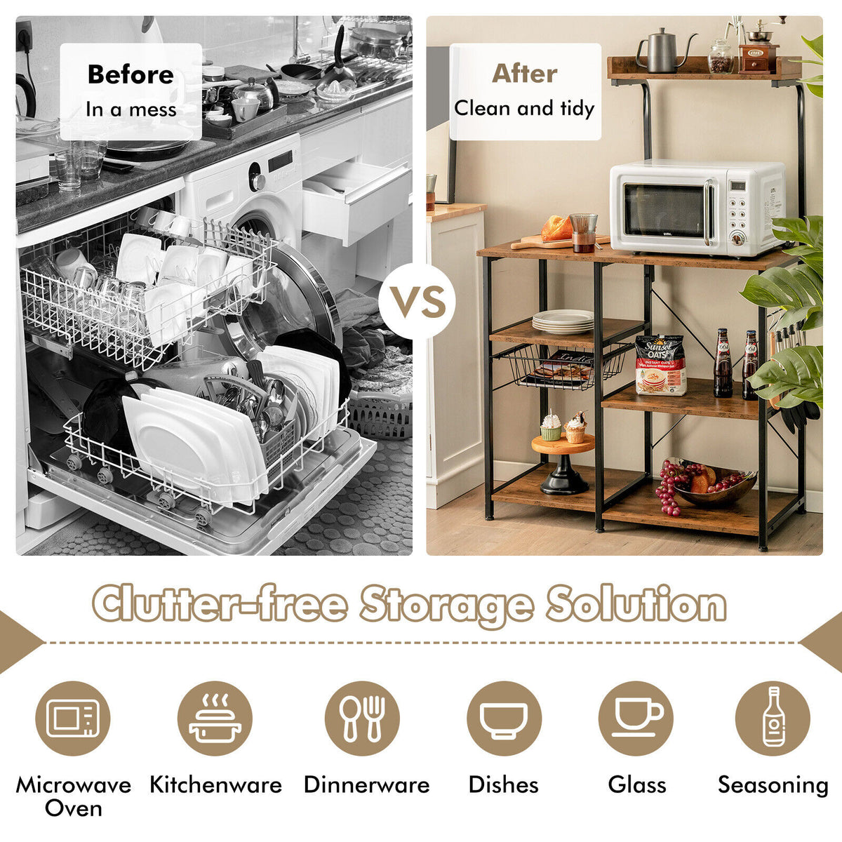 4-tier Kitchen Baker's Rack with Basket and 5 Hooks-Rustic Brown-Baker’s Racks-DECOROLALA