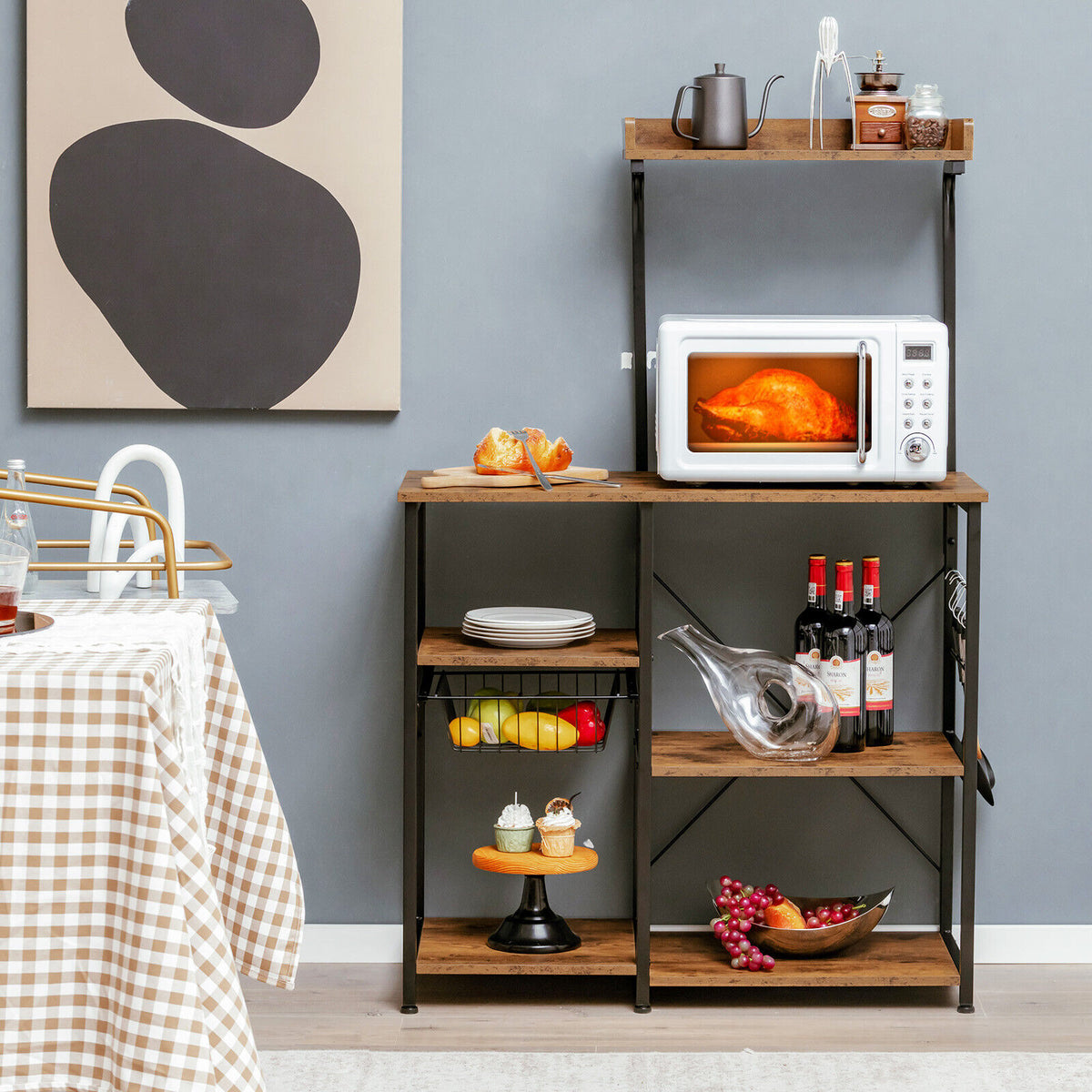 4-tier Kitchen Baker's Rack with Basket and 5 Hooks-Rustic Brown-Baker’s Racks-DECOROLALA