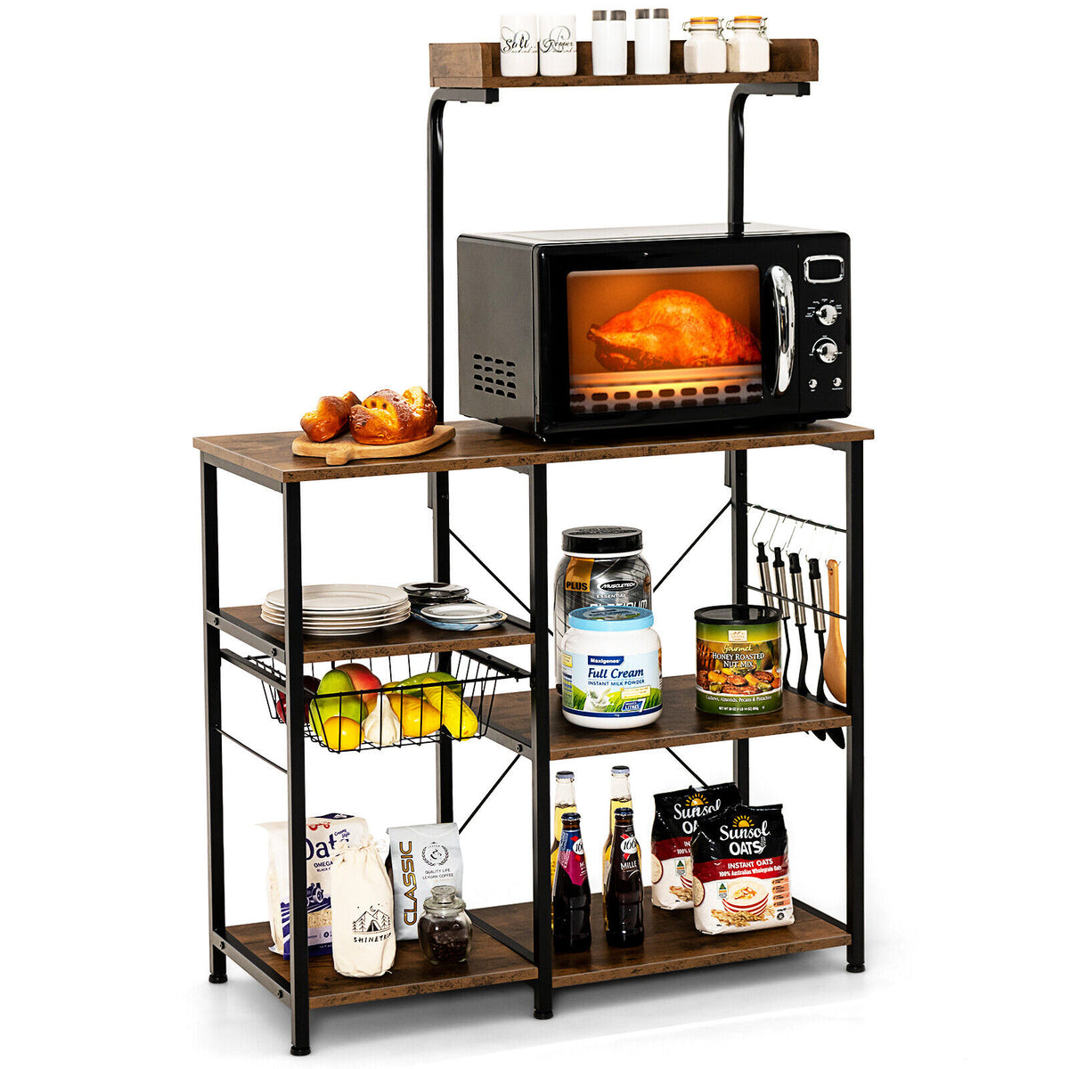 4-tier Kitchen Baker's Rack with Basket and 5 Hooks-Rustic Brown-Baker’s Racks-DECOROLALA
