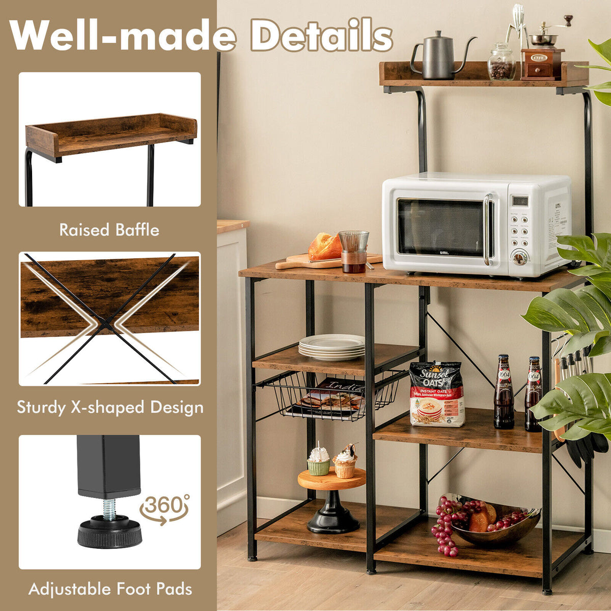 4-tier Kitchen Baker's Rack with Basket and 5 Hooks-Rustic Brown-Baker’s Racks-DECOROLALA