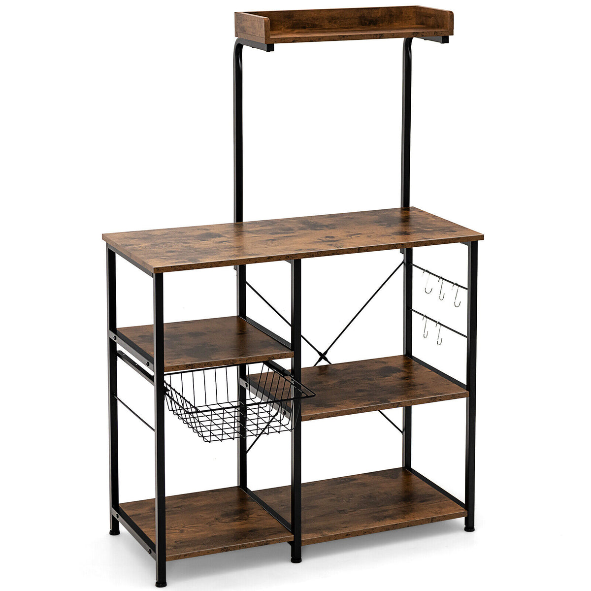 4-tier Kitchen Baker's Rack with Basket and 5 Hooks-Rustic Brown-Baker’s Racks-DECOROLALA