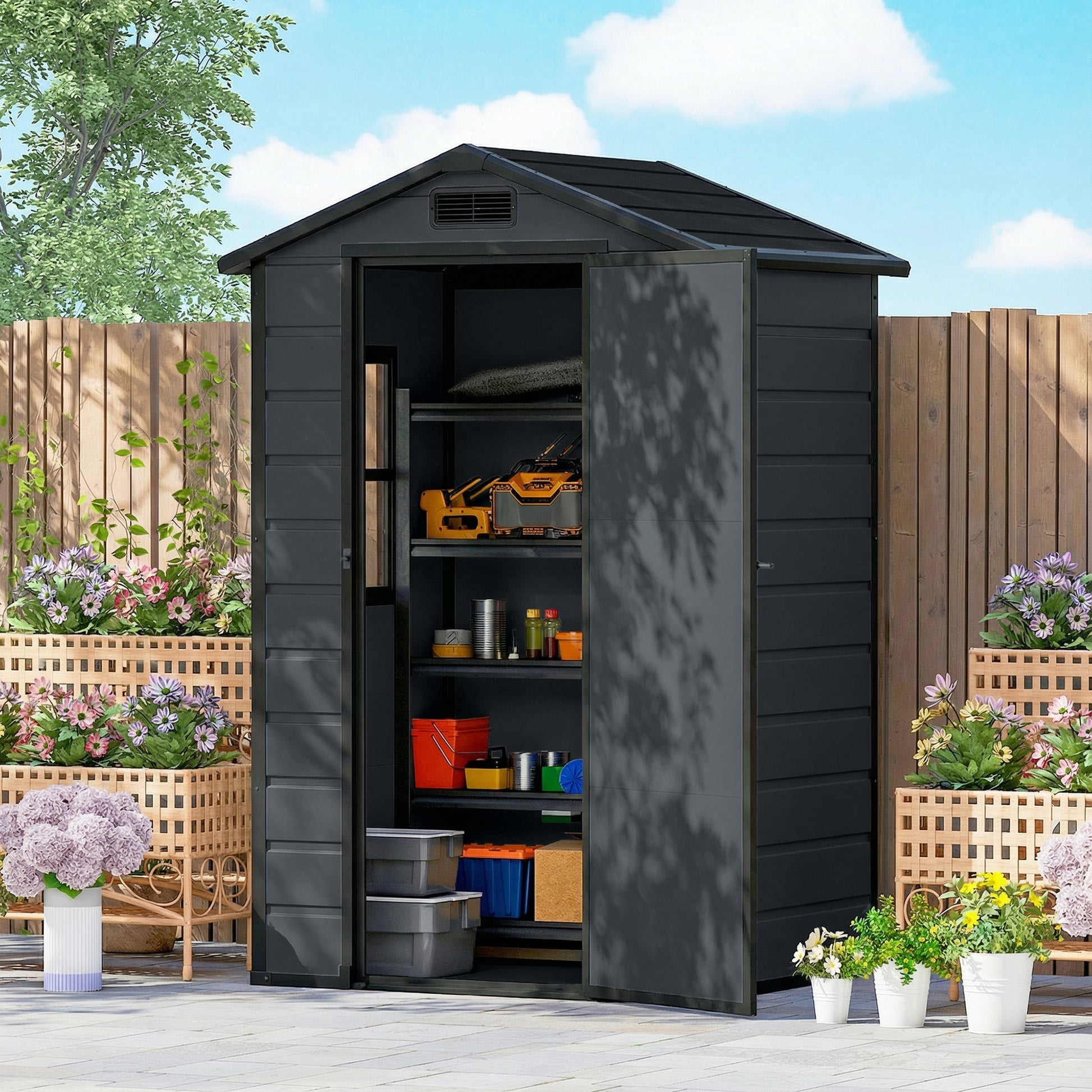 4' x 3' Plastic Garden Shed with Floor - Dark Grey-Patio & Garden > Lawn & Garden > Sheds-DECOROLALA