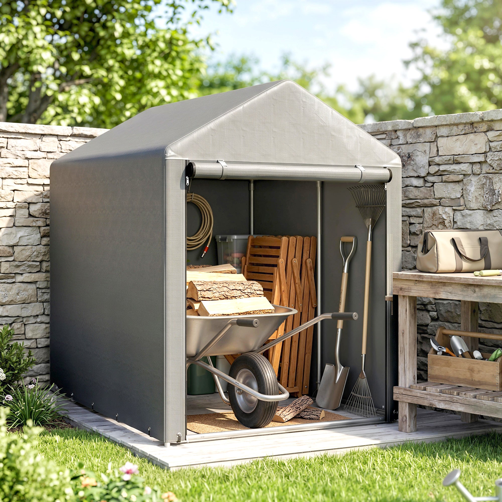 4' x 6' Outdoor Storage Shed Tent - Light Grey PE Cloth-Patio & Garden > Lawn & Garden > Sheds-DECOROLALA