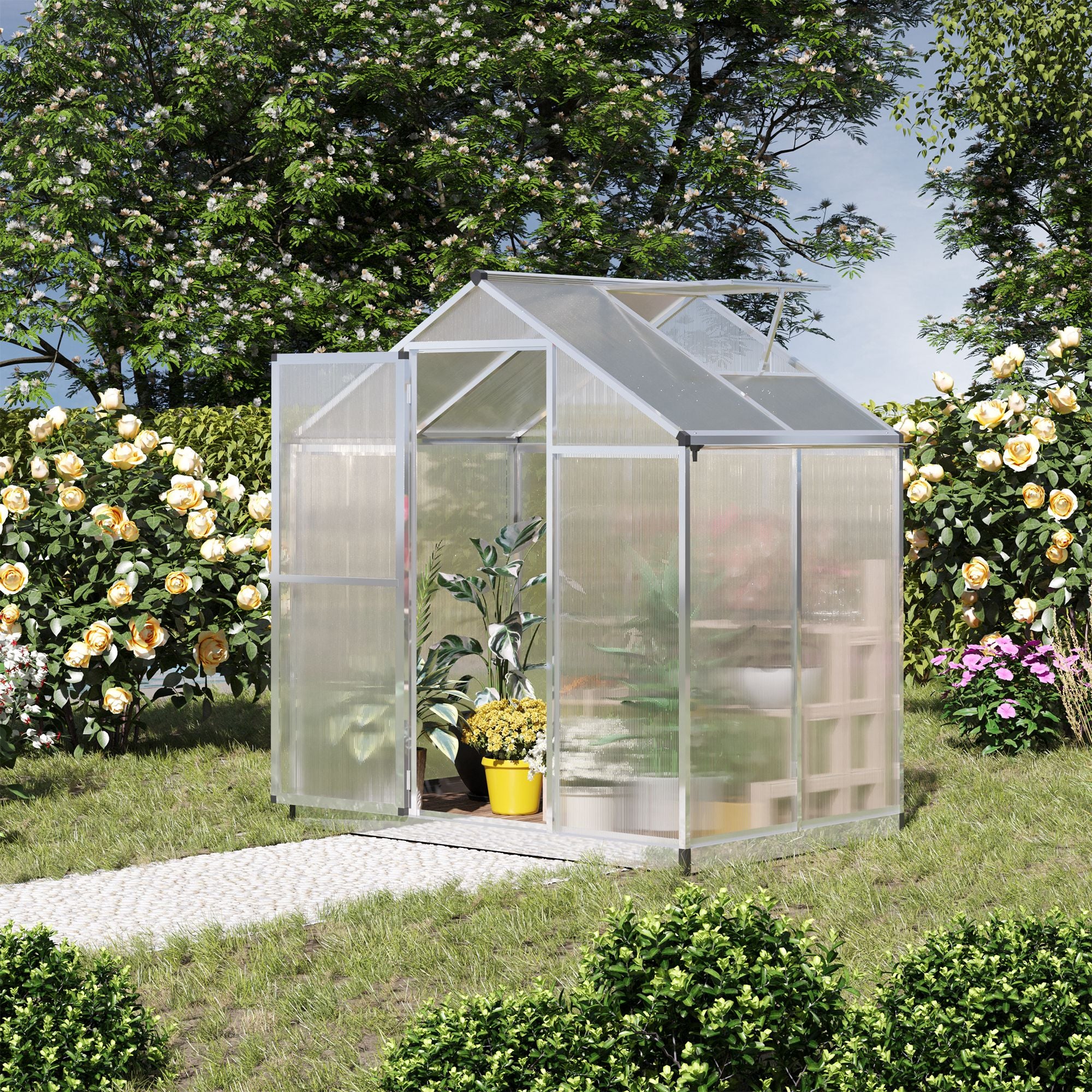 4' x 6.2' x 6.4' Walk-in Garden Greenhouse - Silver Aluminum-DECOROLALA