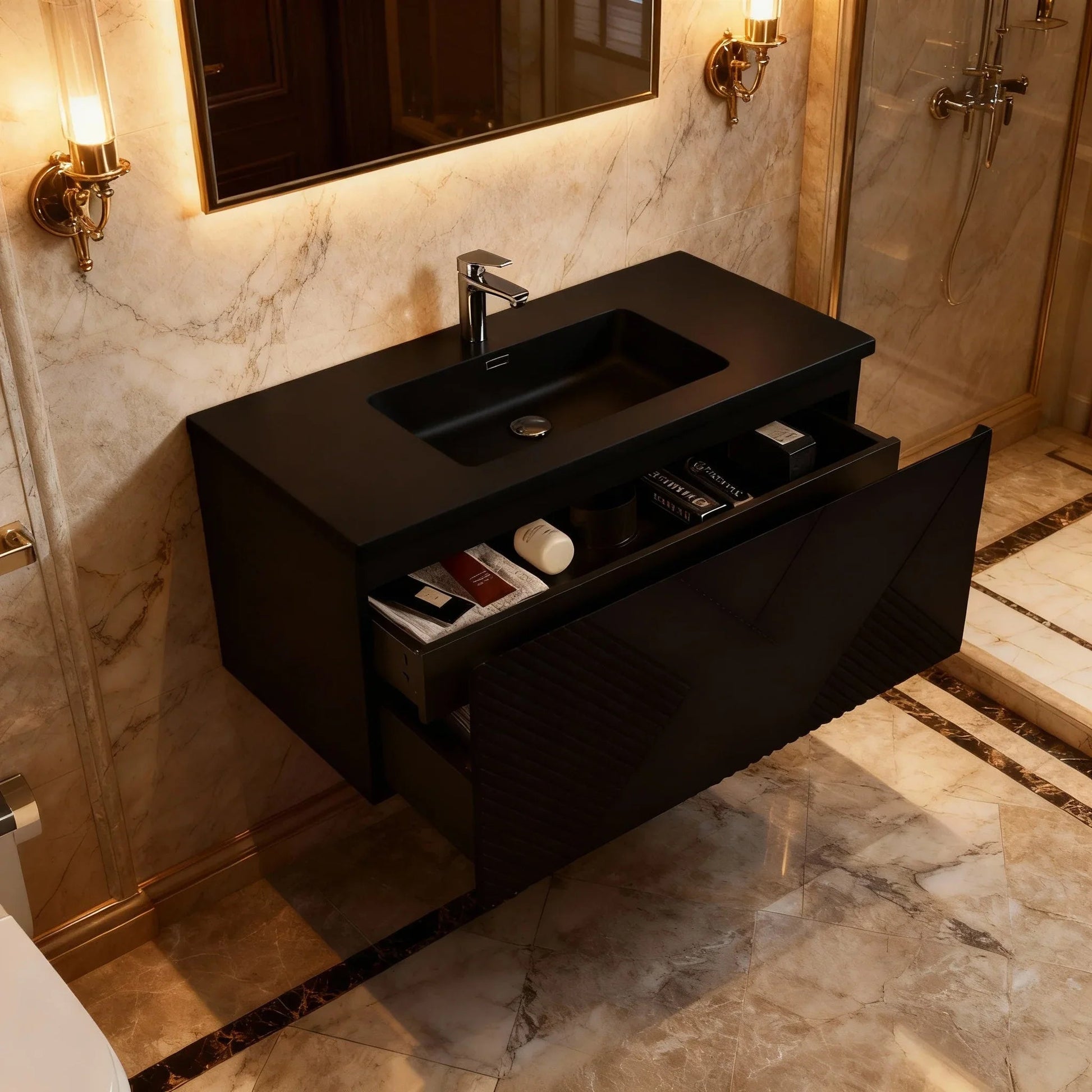 40" Black Wall Mount Bathroom Vanity with Black Engineered Quartz Countertop Roxboro-Migration_Bathroom Vanities-DECOROLALA