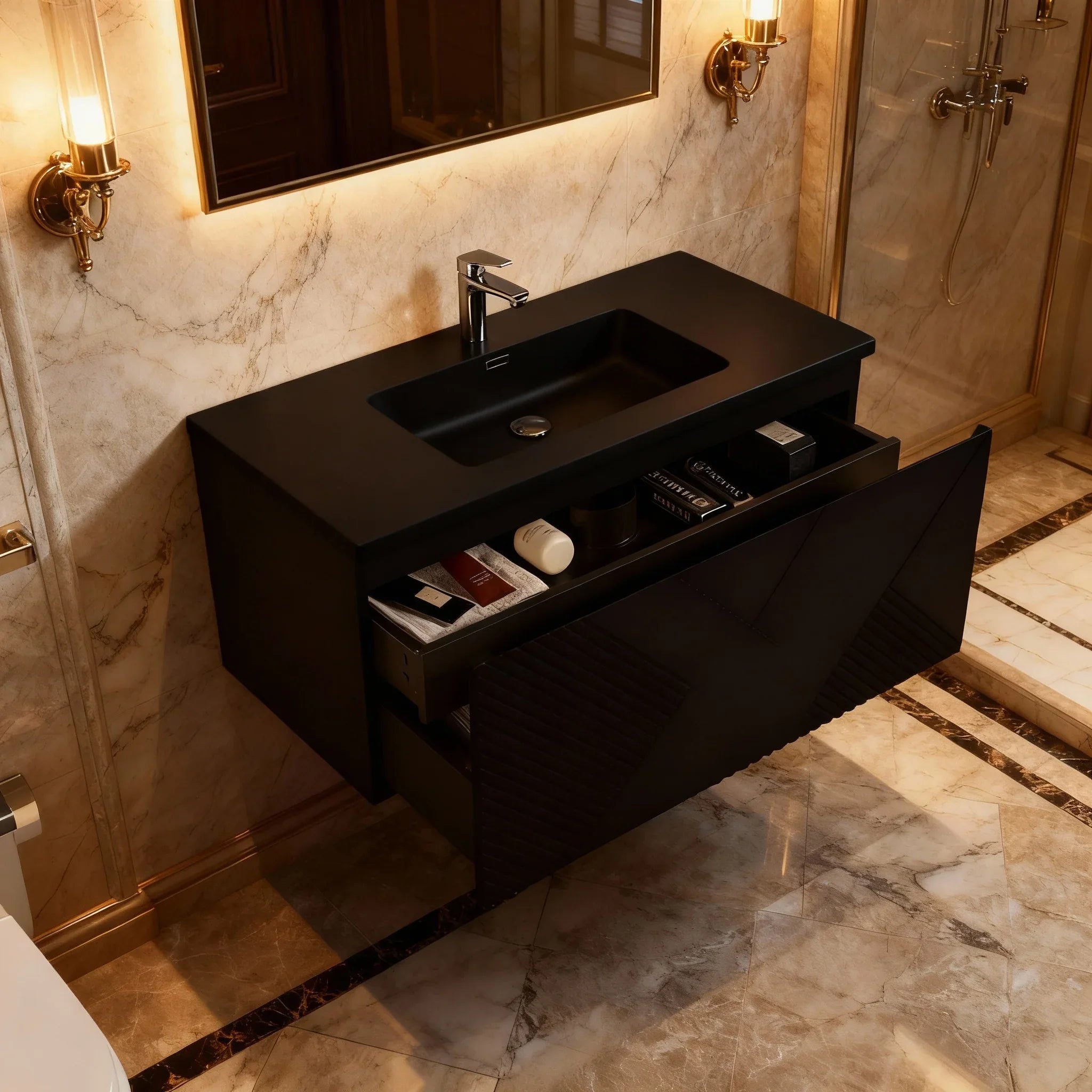 40" Black Wall Mount Bathroom Vanity with Black Engineered Quartz Countertop Roxboro-Migration_Bathroom Vanities-DECOROLALA