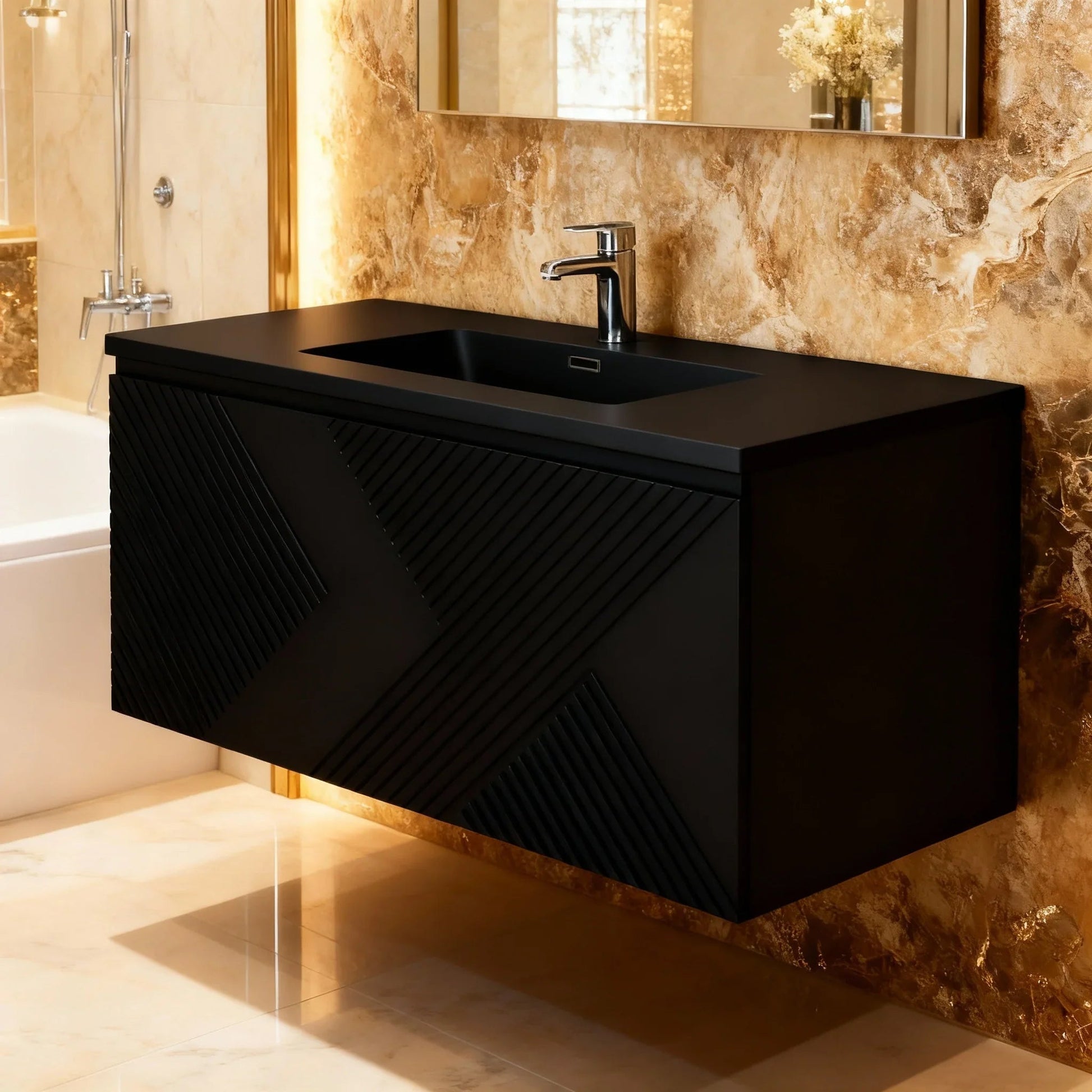 40" Black Wall Mount Bathroom Vanity with Black Engineered Quartz Countertop Roxboro-Migration_Bathroom Vanities-DECOROLALA