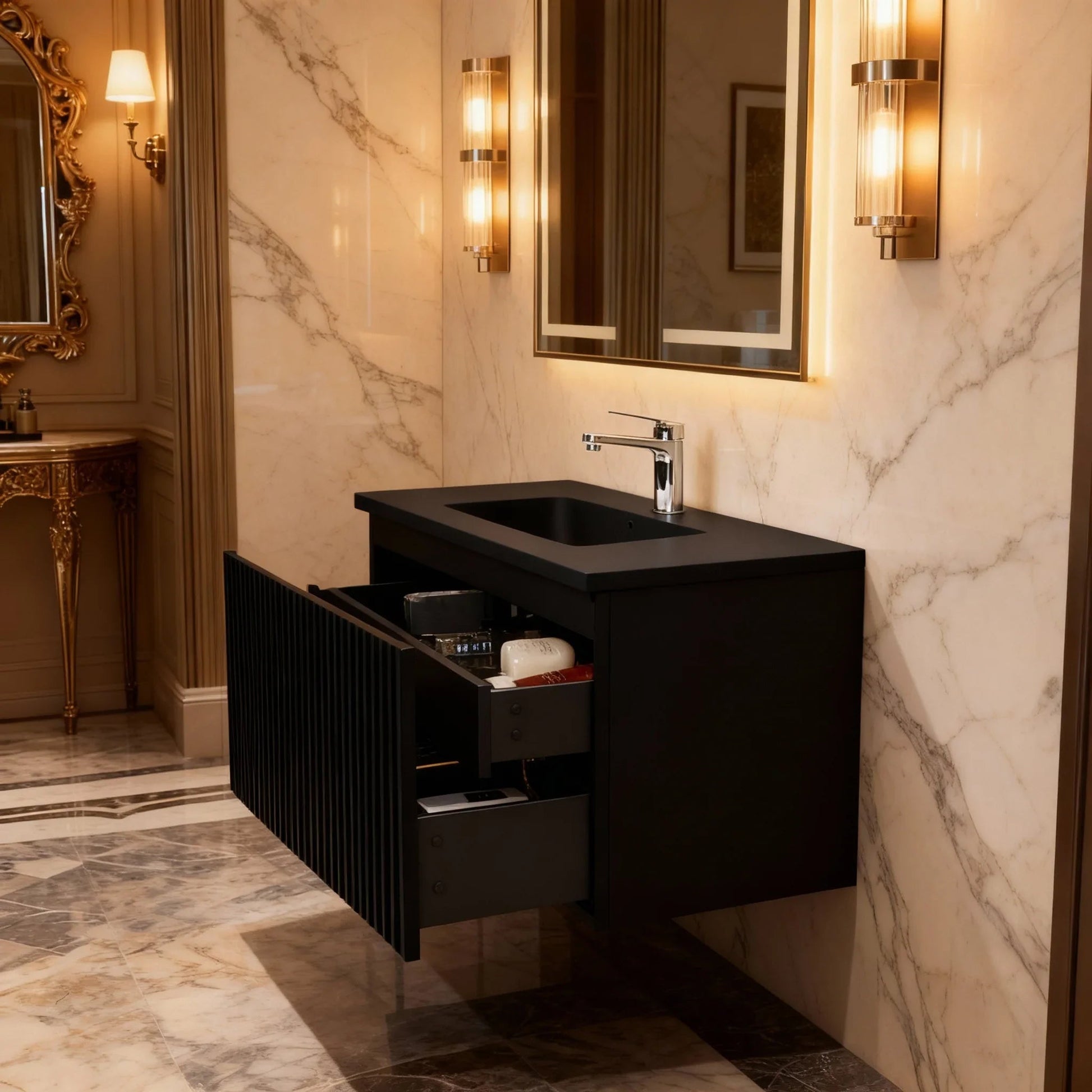 40" Black Wall Mount Bathroom Vanity with Black Engineered Quartz Countertop Roxboro-Migration_Bathroom Vanities-DECOROLALA