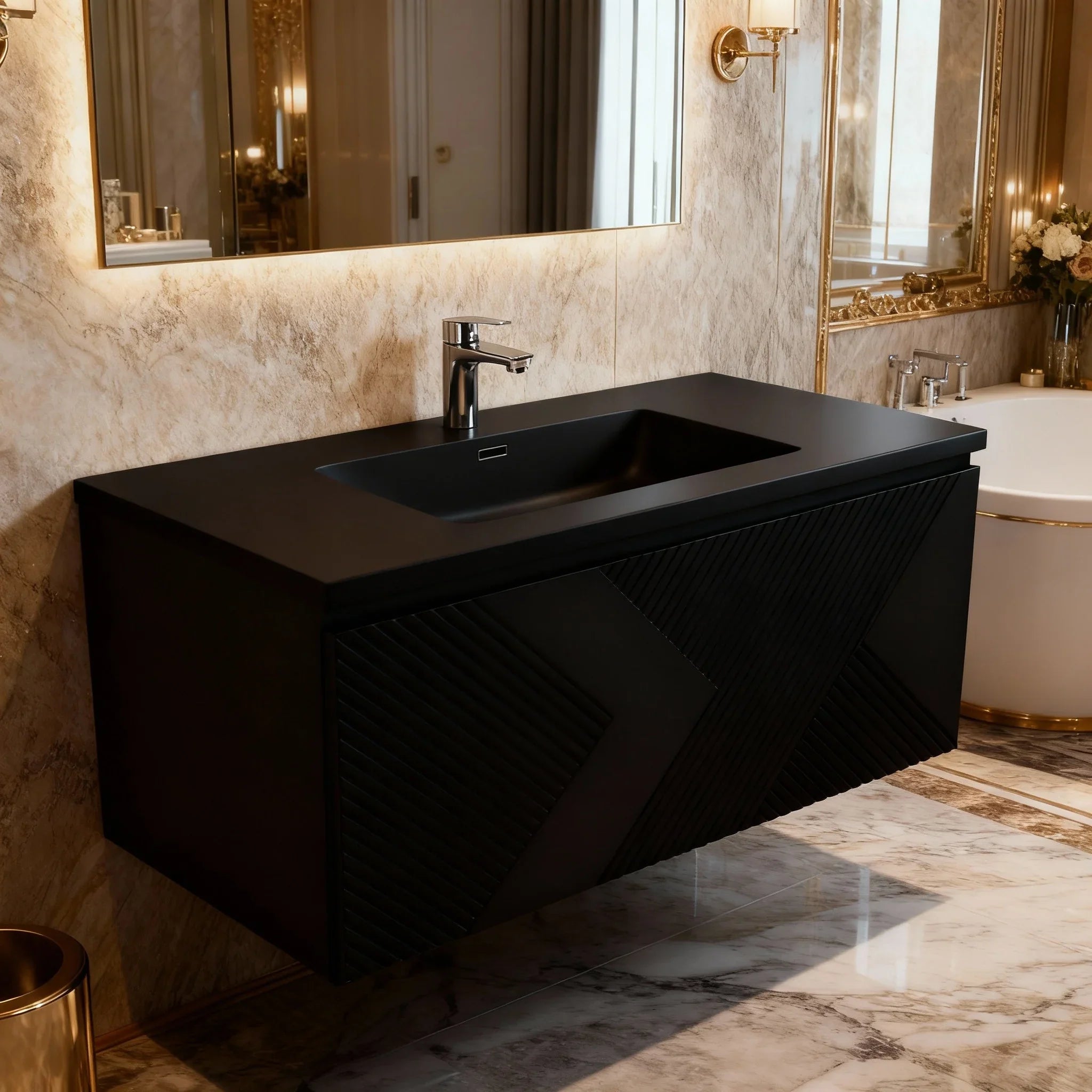 40" Black Wall Mount Bathroom Vanity with Black Engineered Quartz Countertop Roxboro-Migration_Bathroom Vanities-DECOROLALA