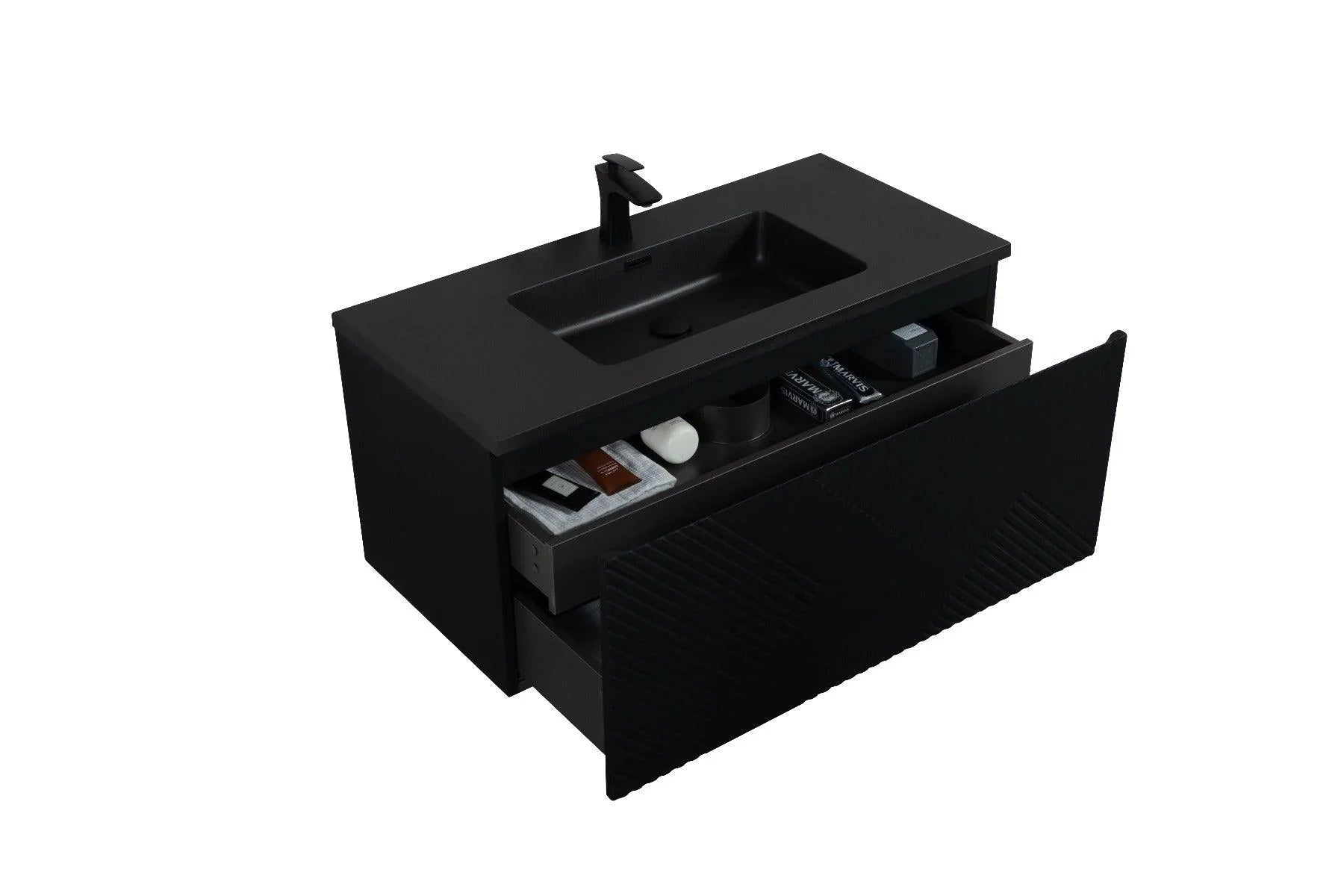 40" Black Wall Mount Bathroom Vanity with Black Engineered Quartz Countertop Roxboro-Migration_Bathroom Vanities-DECOROLALA