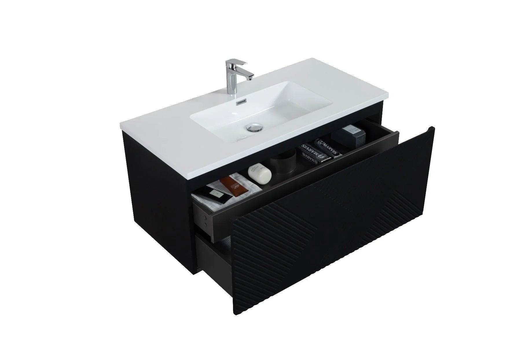 40" Black Wall Mount Bathroom Vanity with White Polymarble Countertop Roxboro-Migration_Bathroom Vanities-DECOROLALA