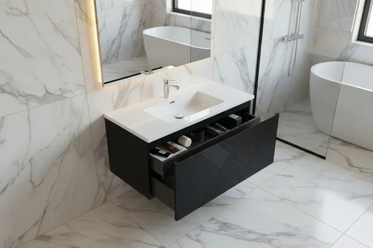 40" Black Wall Mount Bathroom Vanity with White Polymarble Countertop Roxboro-Migration_Bathroom Vanities-DECOROLALA