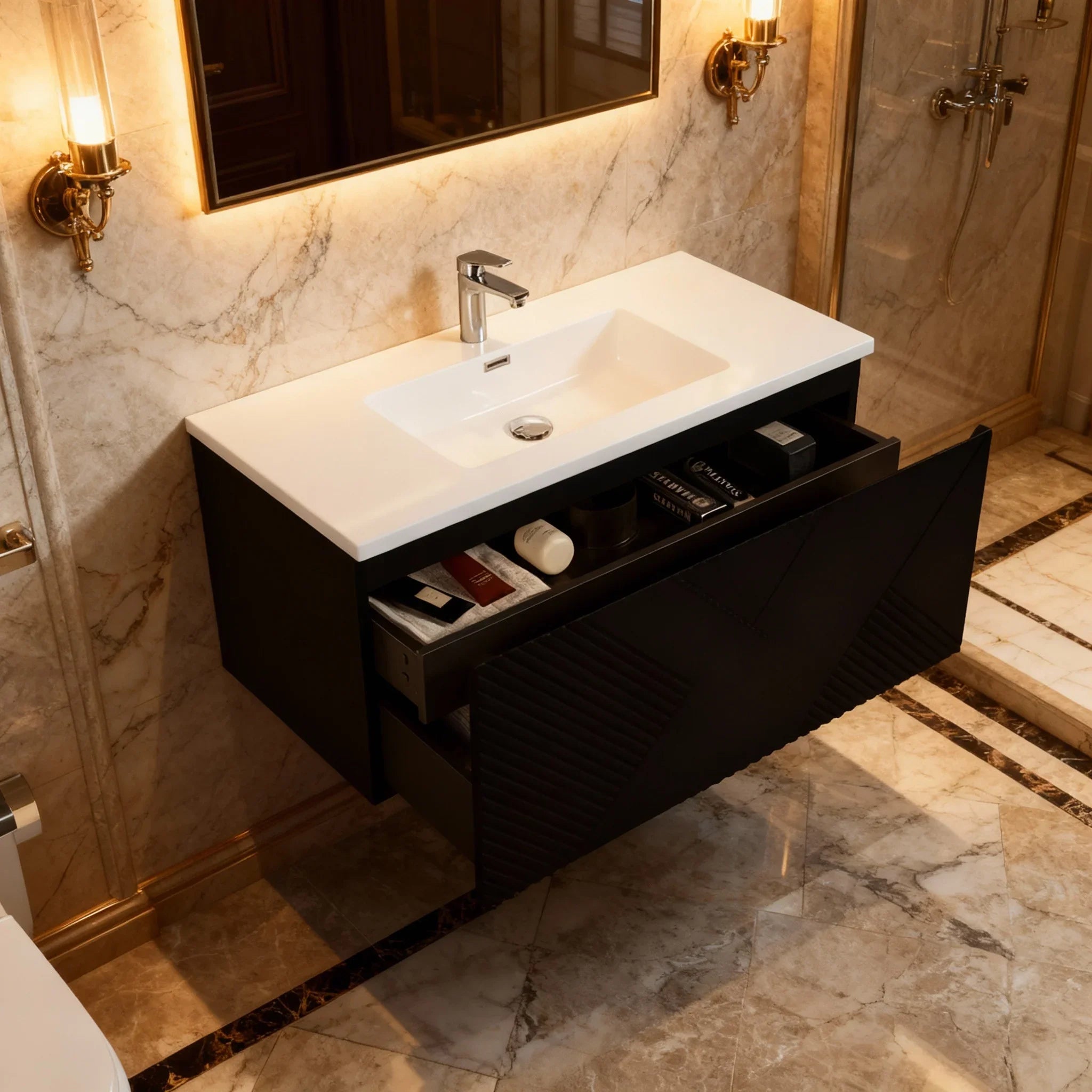 40" Black Wall Mount Bathroom Vanity with White Polymarble Countertop Roxboro-Migration_Bathroom Vanities-DECOROLALA