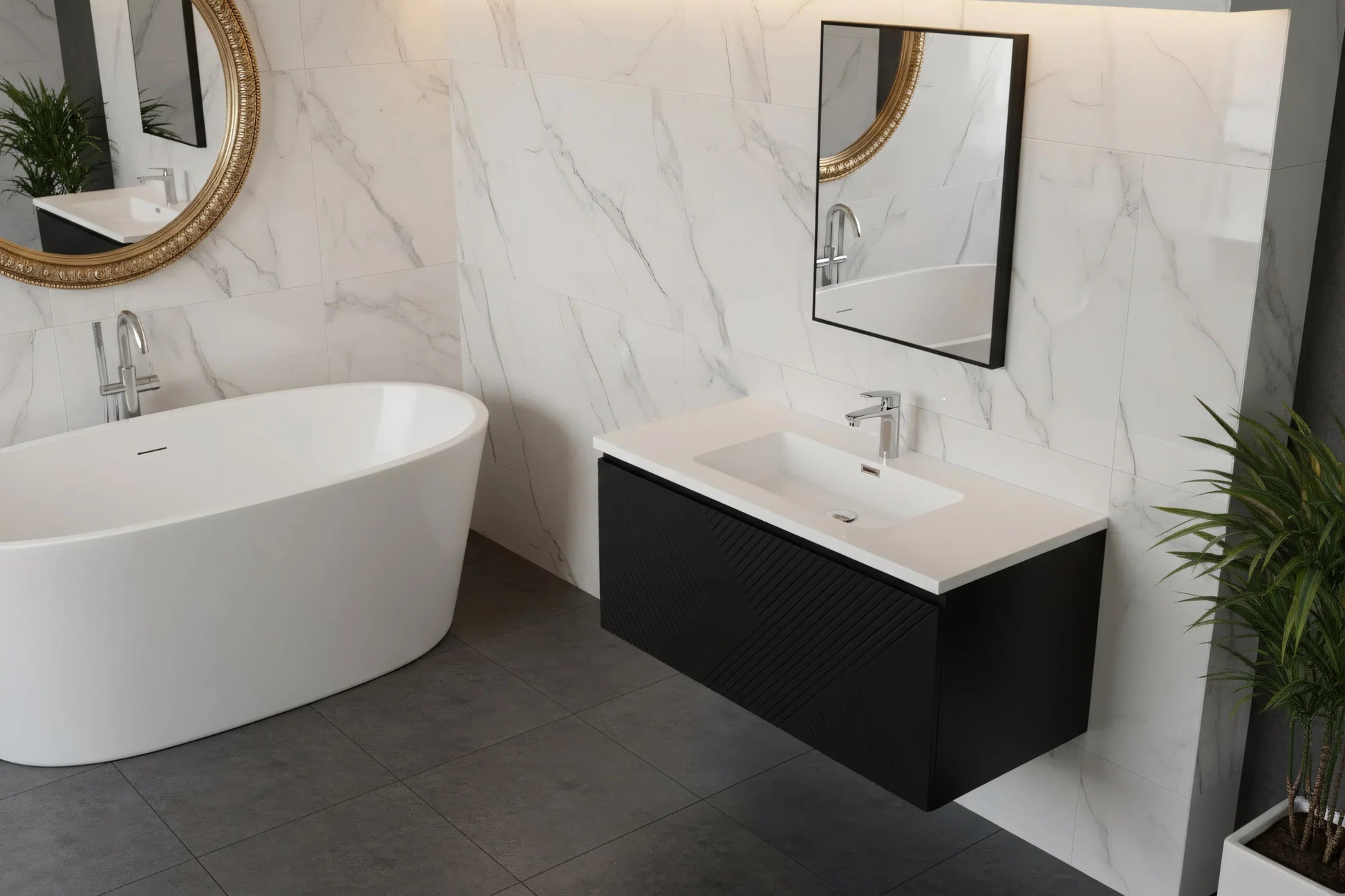 40" Black Wall Mount Bathroom Vanity with White Polymarble Countertop Roxboro-Migration_Bathroom Vanities-DECOROLALA