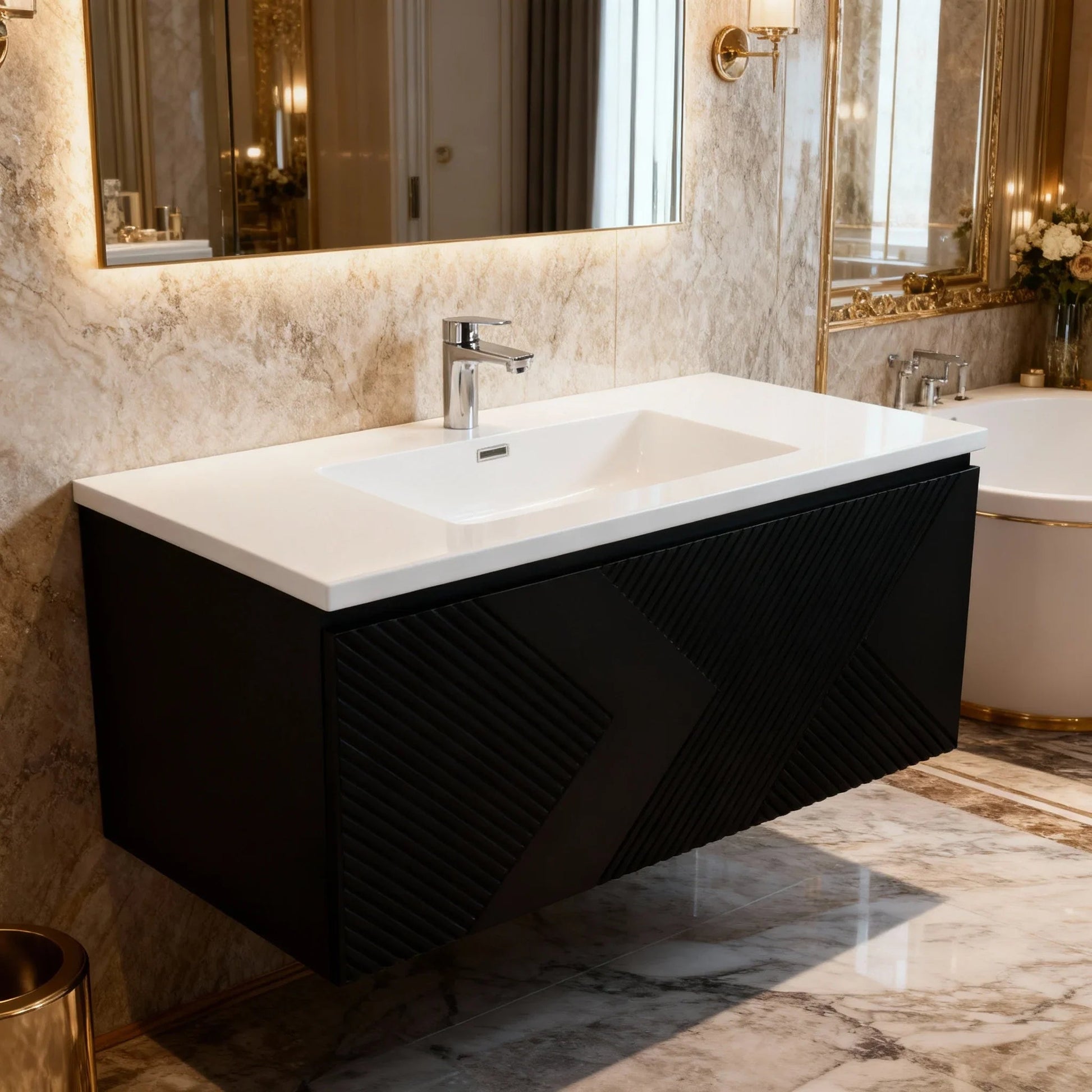 40" Black Wall Mount Bathroom Vanity with White Polymarble Countertop Roxboro-Migration_Bathroom Vanities-DECOROLALA