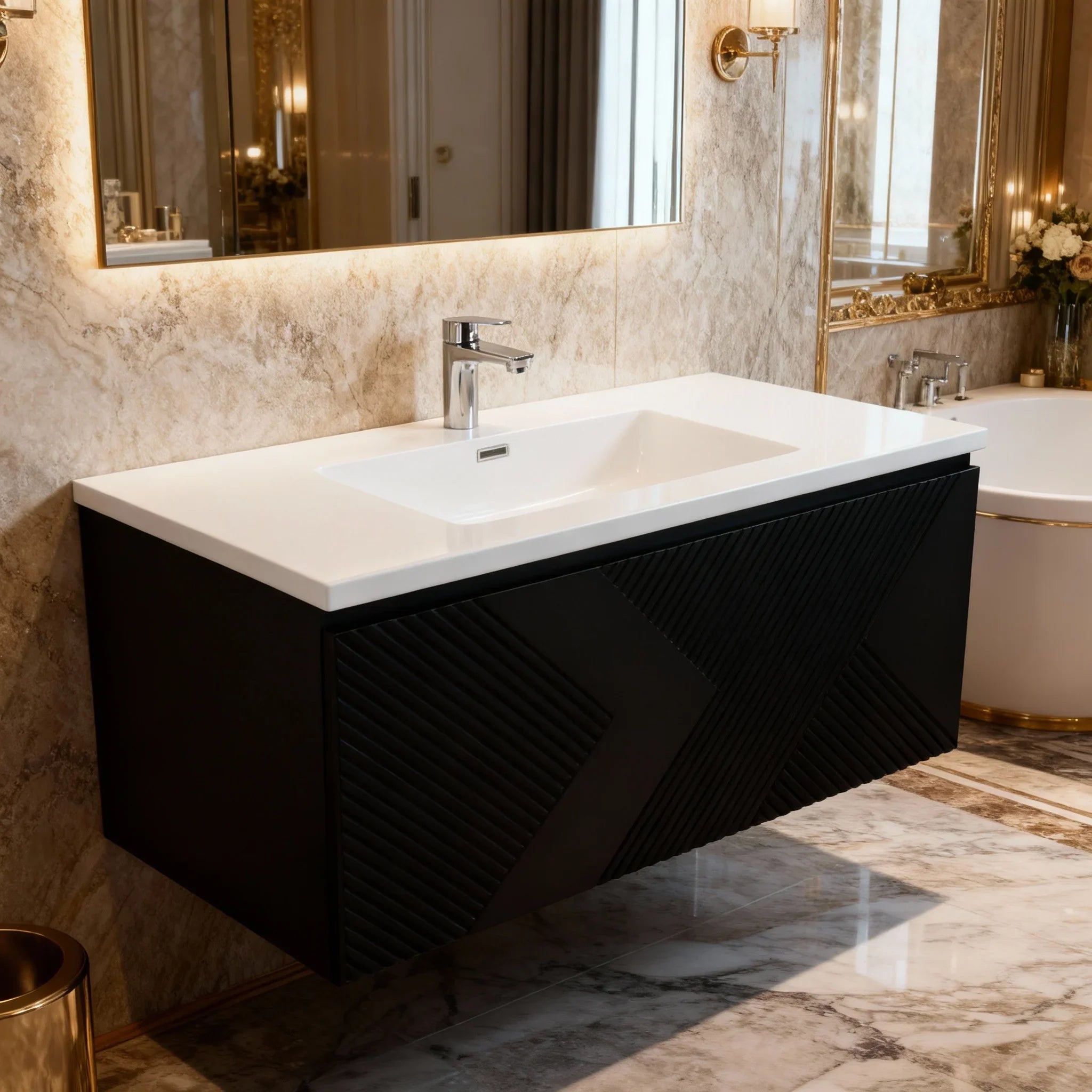 40" Black Wall Mount Bathroom Vanity with White Polymarble Countertop Roxboro-Migration_Bathroom Vanities-DECOROLALA