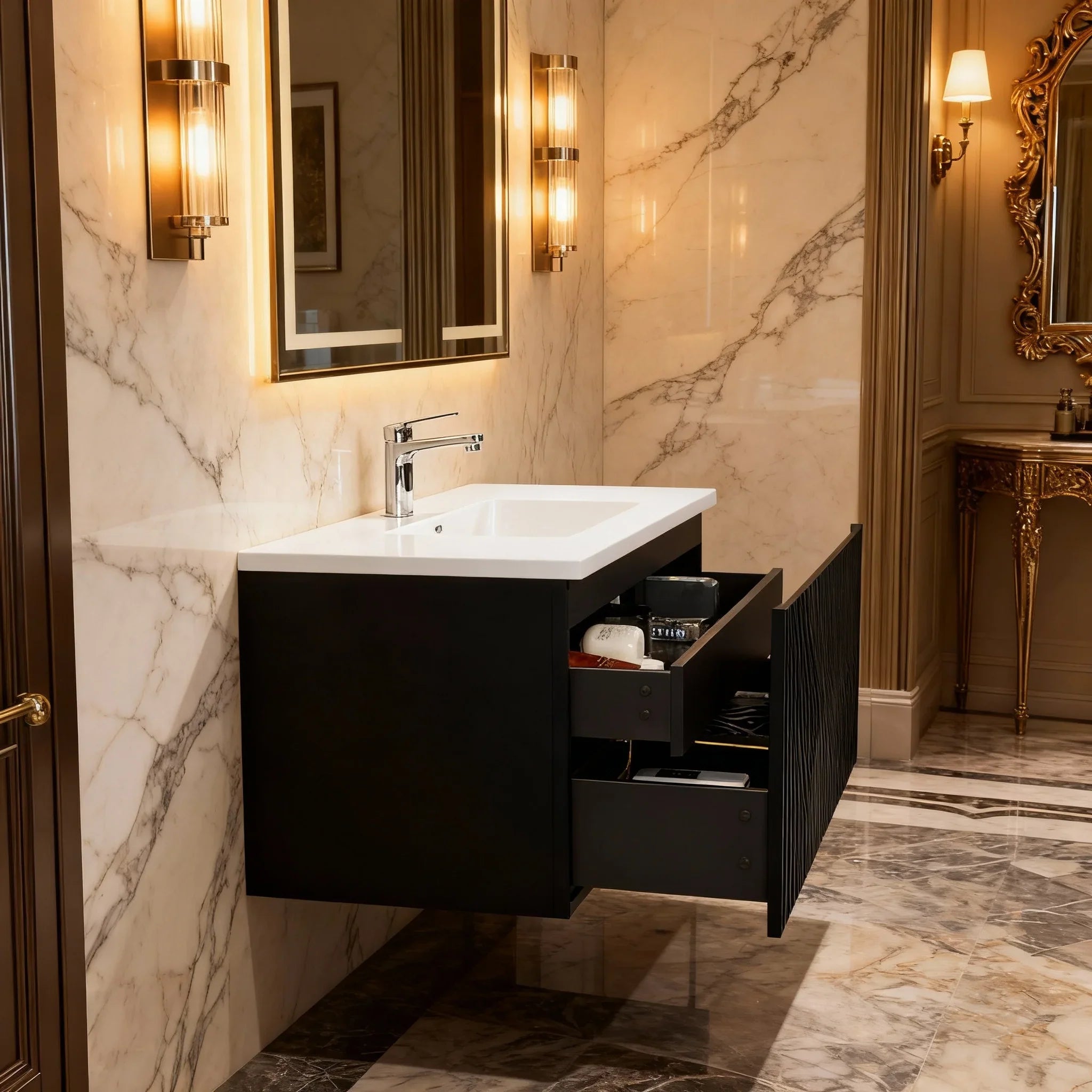 40" Black Wall Mount Bathroom Vanity with White Polymarble Countertop Roxboro-Migration_Bathroom Vanities-DECOROLALA