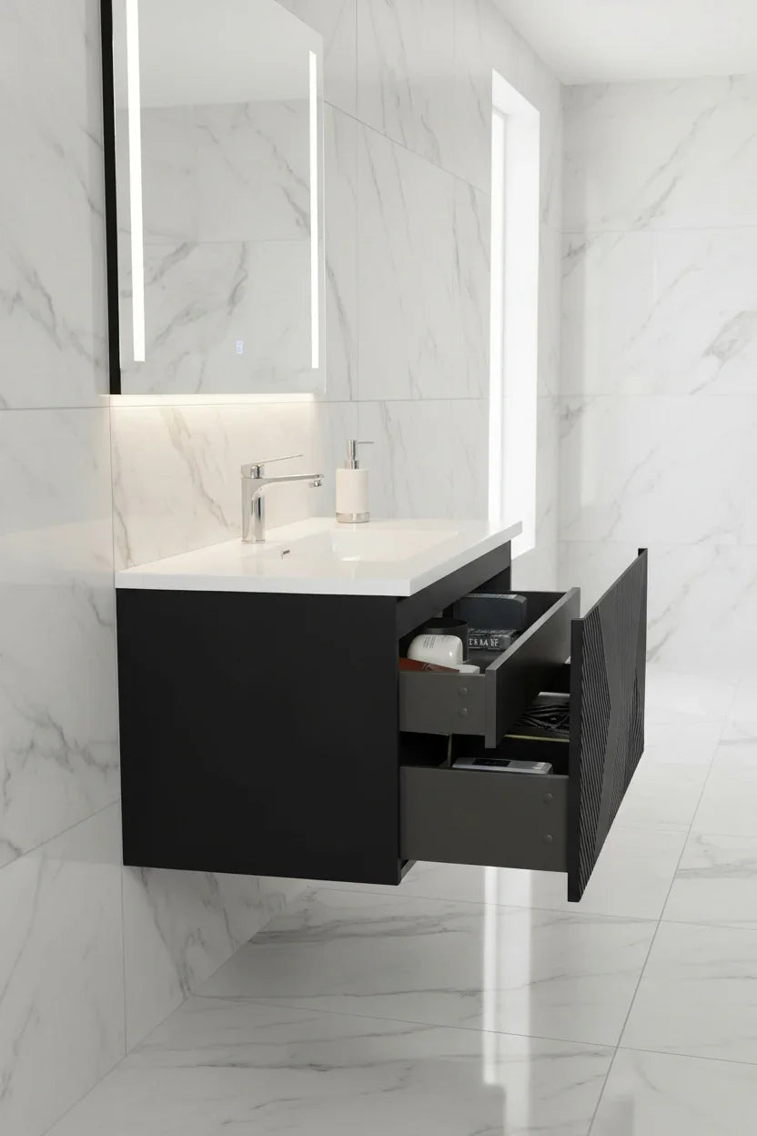 40" Black Wall Mount Bathroom Vanity with White Polymarble Countertop Roxboro-Migration_Bathroom Vanities-DECOROLALA