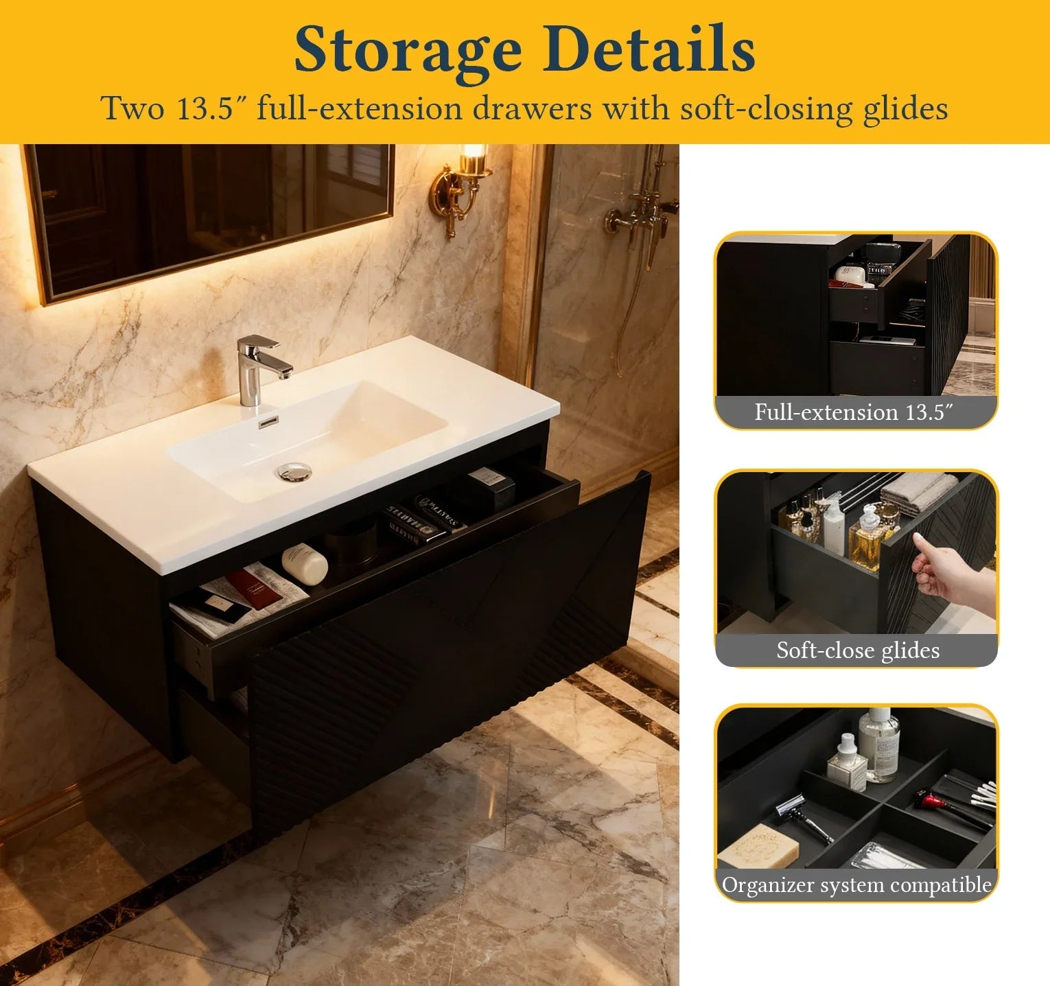 40" Black Wall Mount Bathroom Vanity with White Polymarble Countertop Roxboro-Migration_Bathroom Vanities-DECOROLALA