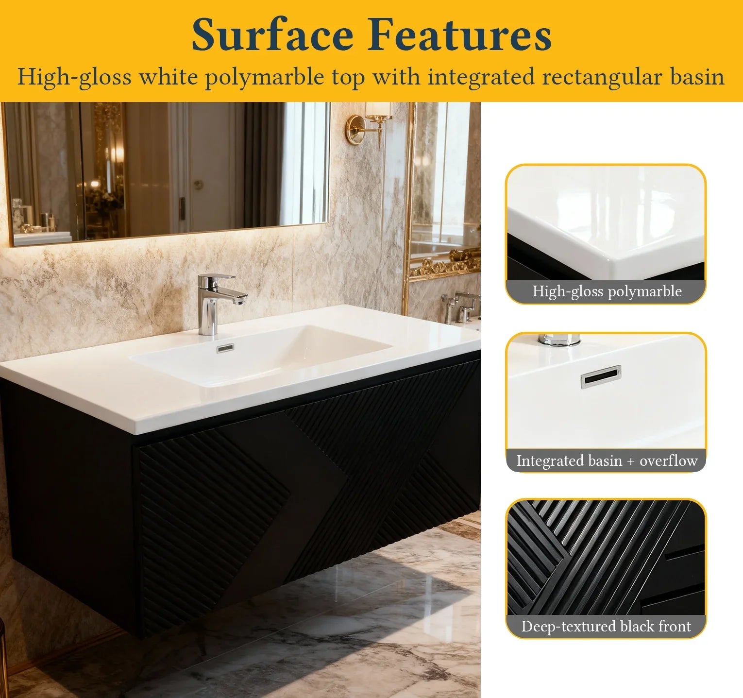 40" Black Wall Mount Bathroom Vanity with White Polymarble Countertop Roxboro-Migration_Bathroom Vanities-DECOROLALA