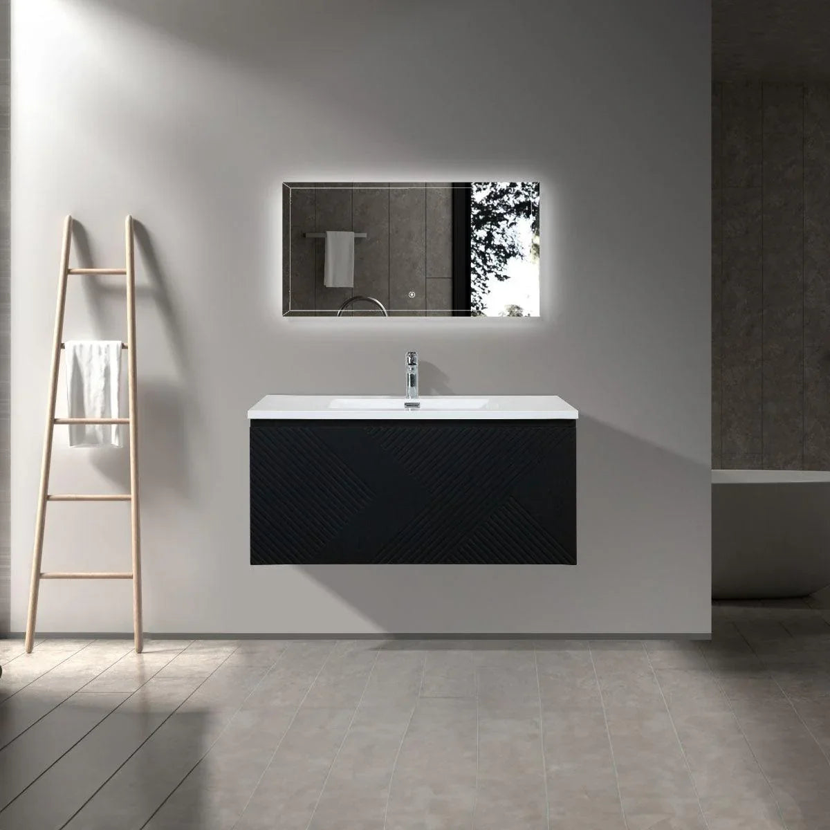 40" Black Wall Mount Bathroom Vanity with White Polymarble Countertop Roxboro-Migration_Bathroom Vanities-DECOROLALA