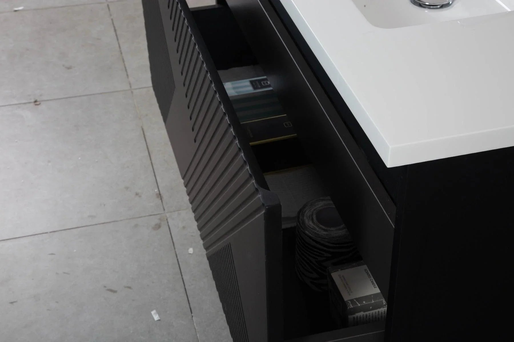 40" Black Wall Mount Bathroom Vanity with White Polymarble Countertop Roxboro-Migration_Bathroom Vanities-DECOROLALA