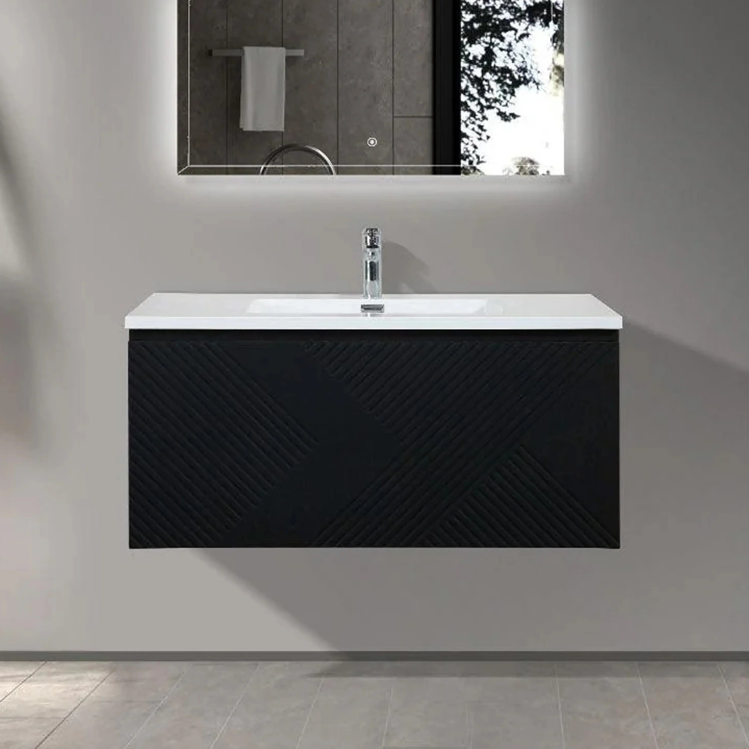 40" Black Wall Mount Bathroom Vanity with White Polymarble Countertop Roxboro-Migration_Bathroom Vanities-DECOROLALA