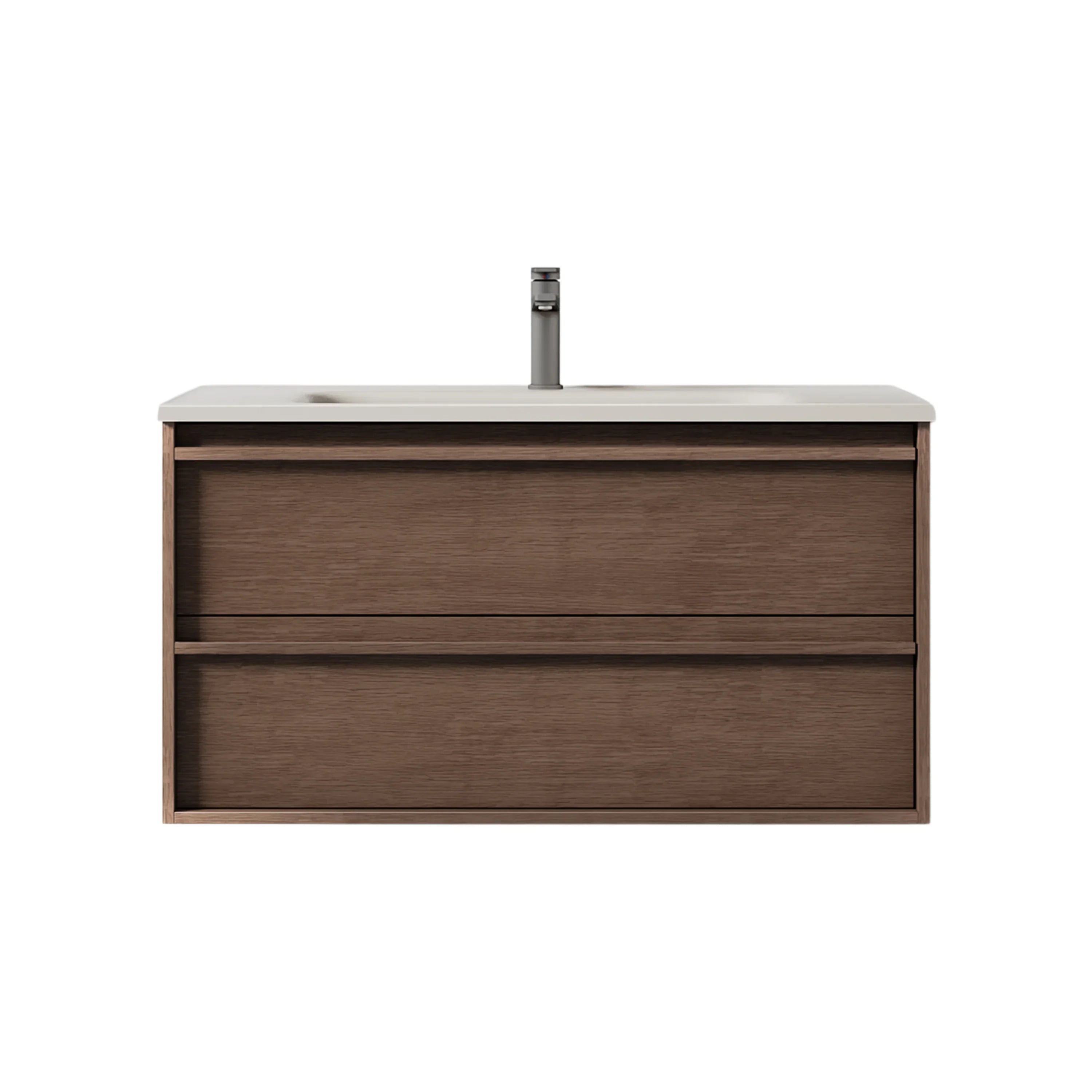 40" Brown Oak Floating Vanity with Sea Salt Grey Nano Solid Surface Integrated Countertop-Migration_Bathroom Vanities-DECOROLALA