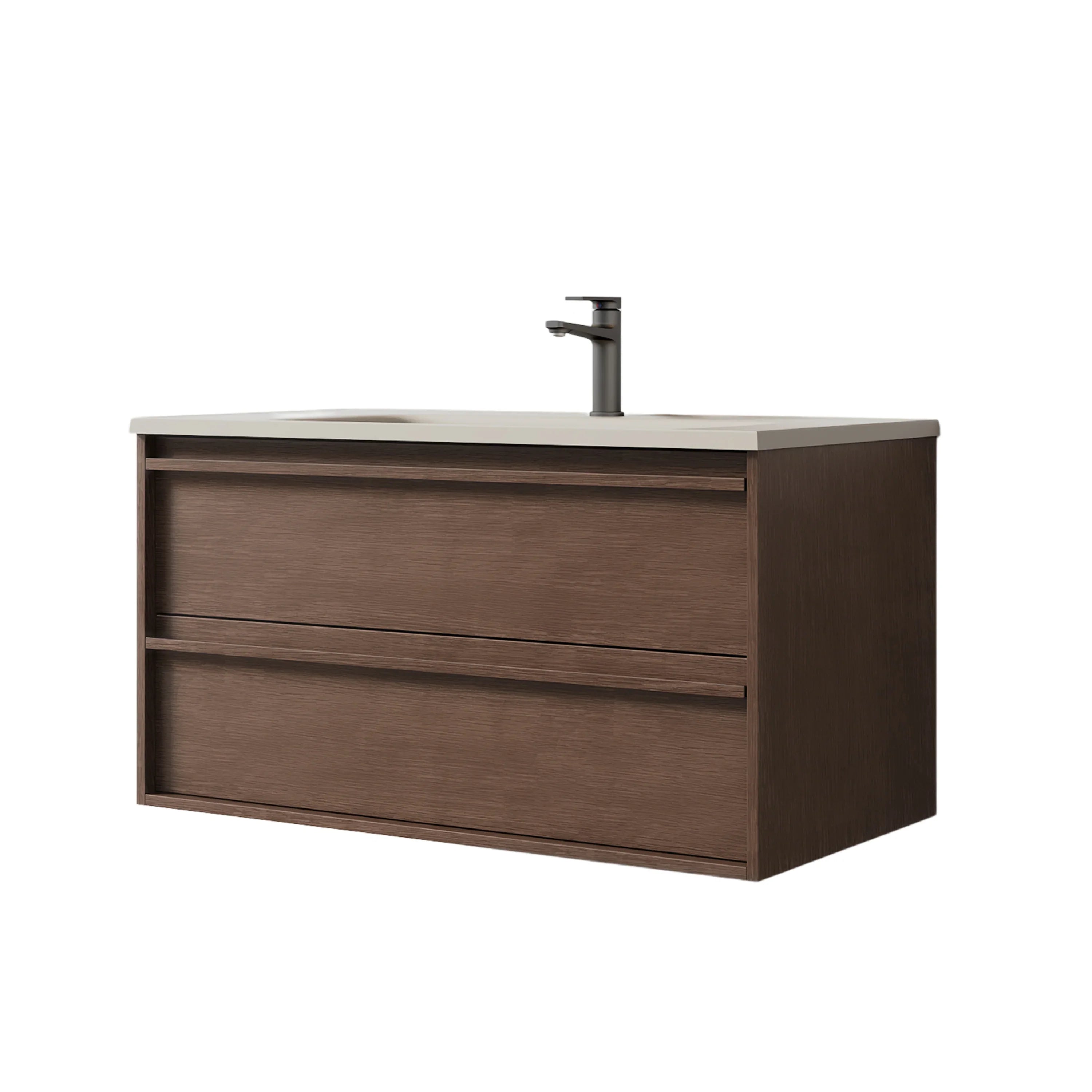 40" Brown Oak Floating Vanity with Sea Salt Grey Nano Solid Surface Integrated Countertop-Migration_Bathroom Vanities-DECOROLALA