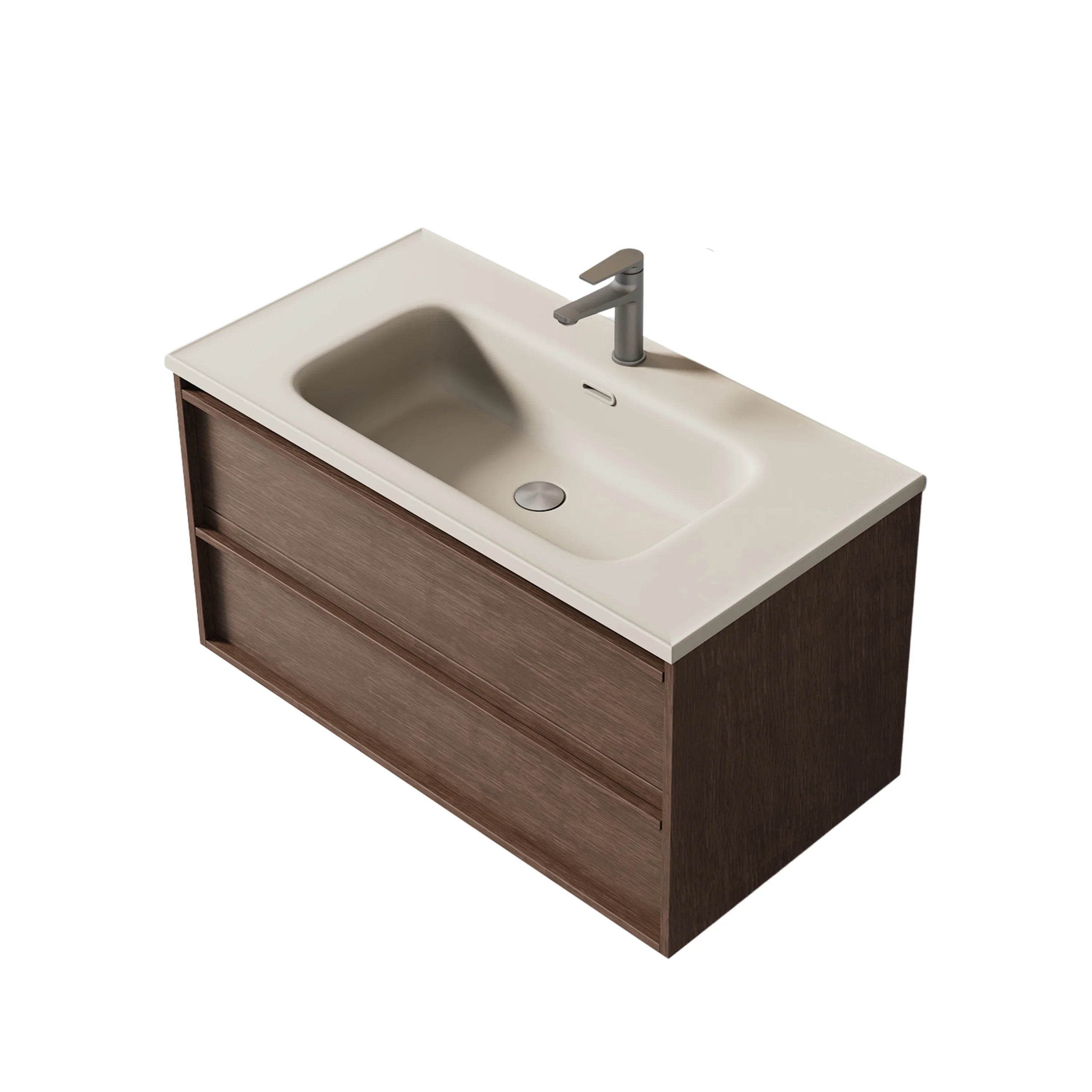 40" Brown Oak Floating Vanity with Sea Salt Grey Nano Solid Surface Integrated Countertop-Migration_Bathroom Vanities-DECOROLALA