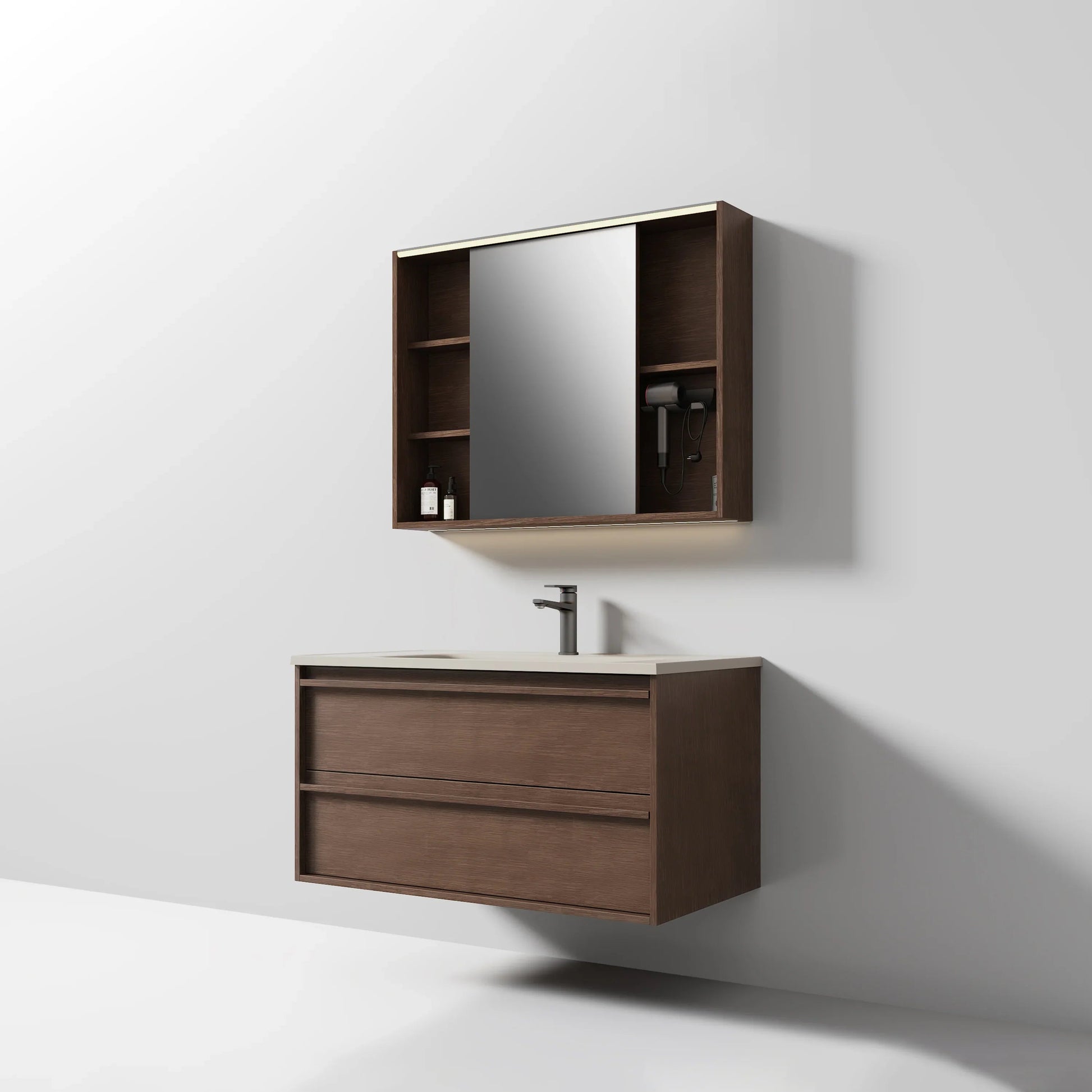 40" Brown Oak Floating Vanity with Sea Salt Grey Nano Solid Surface Integrated Countertop-Migration_Bathroom Vanities-DECOROLALA