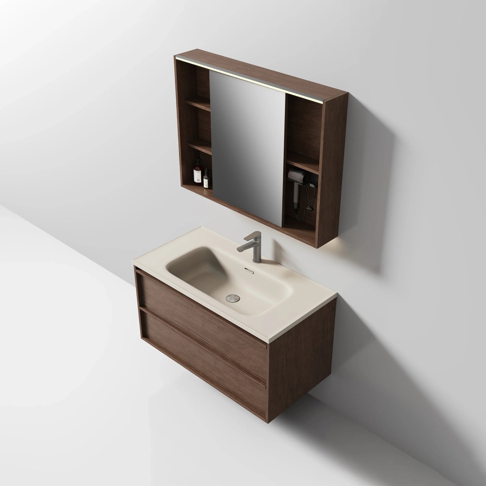 40" Brown Oak Floating Vanity with Sea Salt Grey Nano Solid Surface Integrated Countertop-Migration_Bathroom Vanities-DECOROLALA