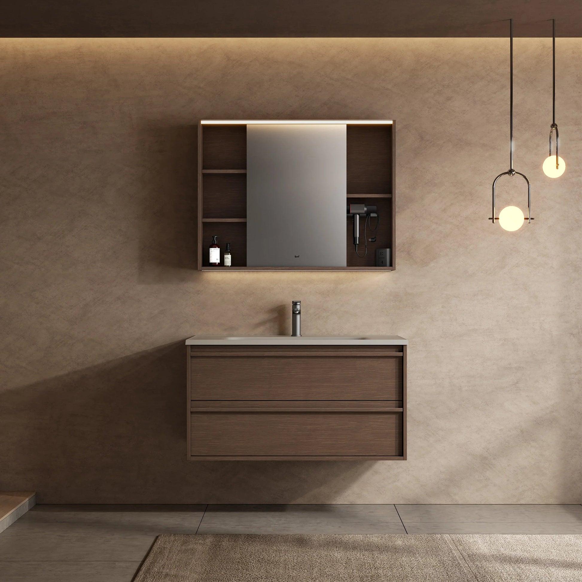 40" Brown Oak Floating Vanity with Sea Salt Grey Nano Solid Surface Integrated Countertop-Migration_Bathroom Vanities-DECOROLALA