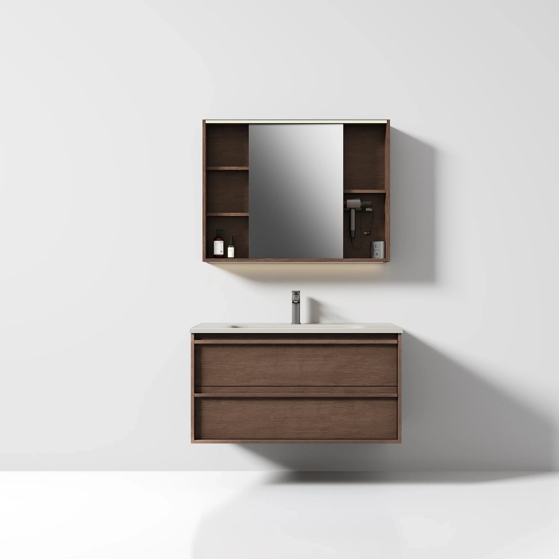 40" Brown Oak Floating Vanity with Sea Salt Grey Nano Solid Surface Integrated Countertop-Migration_Bathroom Vanities-DECOROLALA