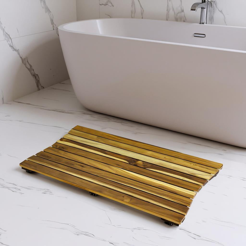 40" Brown Teak Slat Non Slip Bath Mat-Bath Rugs-DECOROLALA