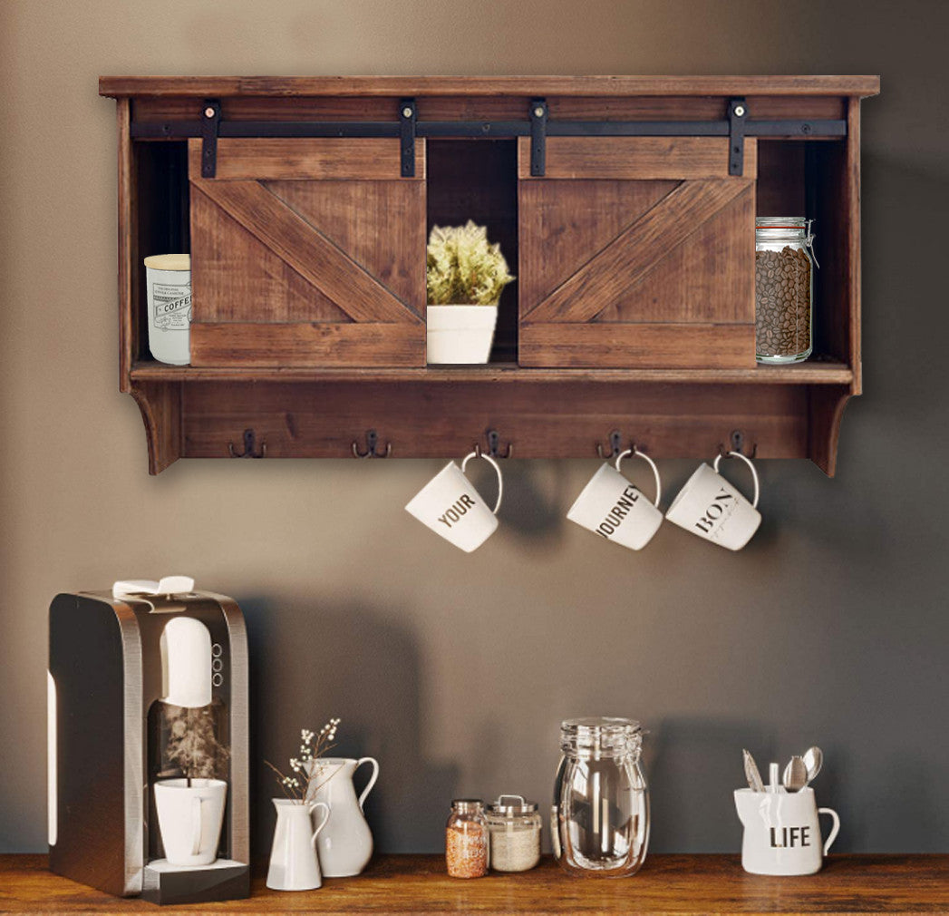 40" Brown Wood Five Hook Shelf With Barn Door Storage-Wall Mounted Shelves-DECOROLALA