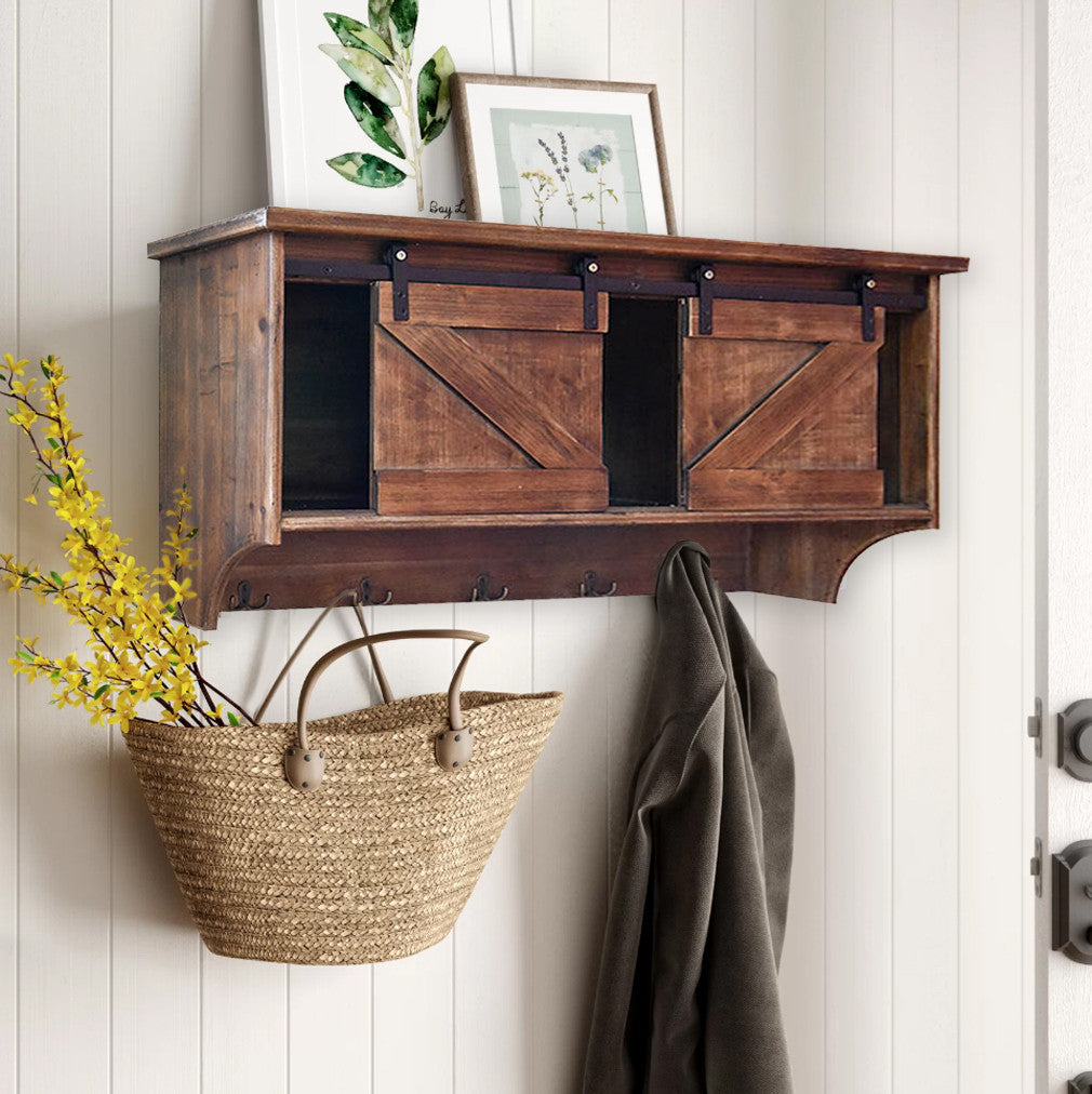 40" Brown Wood Five Hook Shelf With Barn Door Storage-Wall Mounted Shelves-DECOROLALA