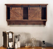 40" Brown Wood Five Hook Shelf With Barn Door Storage-Wall Mounted Shelves-DECOROLALA