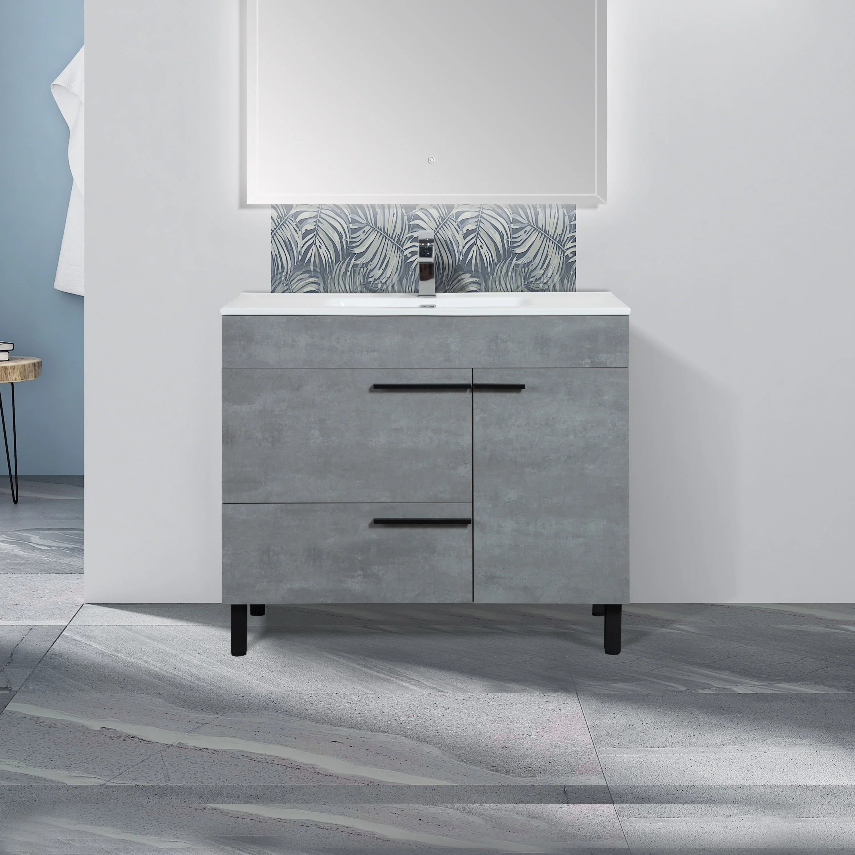 40" Cement Freestanding Single Sink Bathroom Vanity with White Ceramic Countertop-Migration_Bathroom Vanities-DECOROLALA