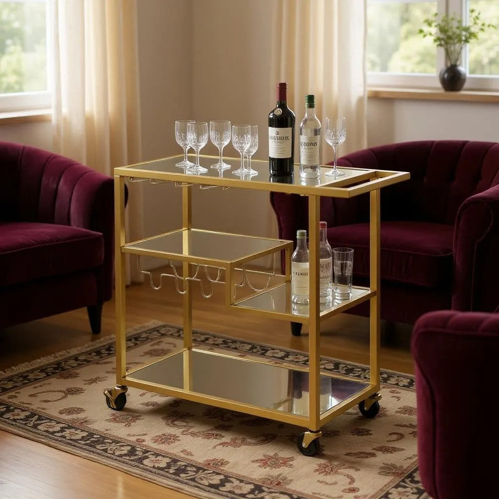 40" Clear and Gold Glass and Iron Rolling Prep Table-Kitchen Carts-Islands-DECOROLALA